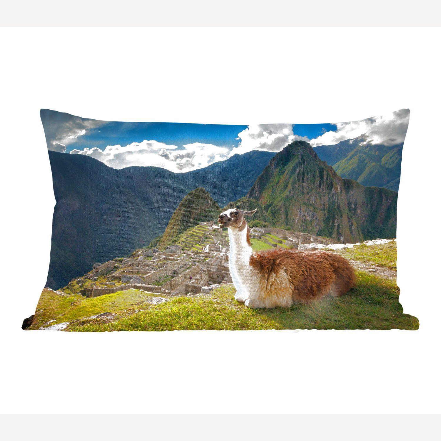 MuchoWow Dekokissen Alpaka Schlafzimmer Felsen, Wohzimmer mit Machu Picchu Füllung, Zierkissen, Dekokissen Dekoration, - 