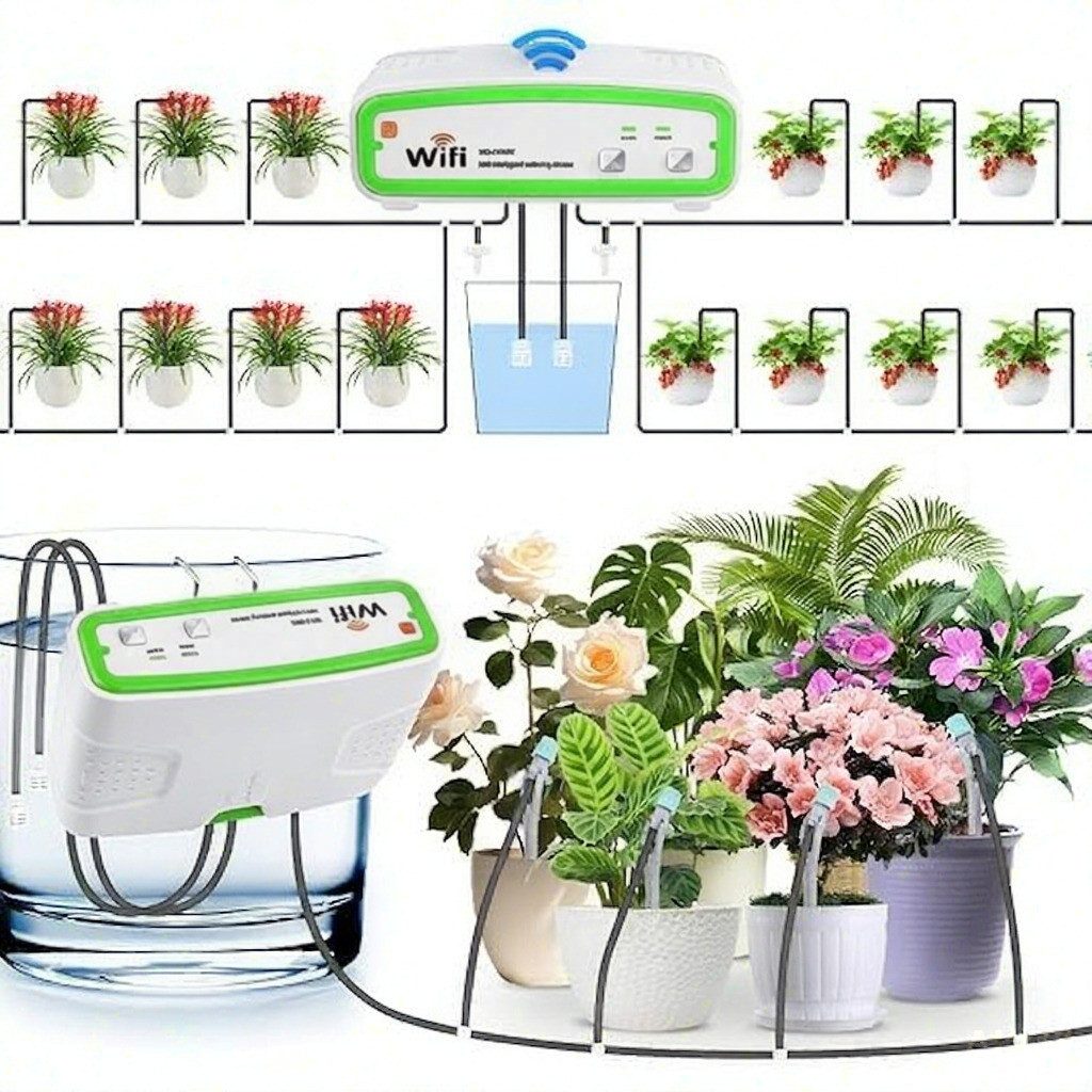 Topcony Bewässerungssystem Automatisches Bewässerungssystem mit Zwei Kanälen, (mit Intelligente Doppelpumpe Timing, Manuelle/Verzögerte Bewässerung, Urlaubsbewässerung), Tropfbewässerungskit für 20 Topfpflanzen