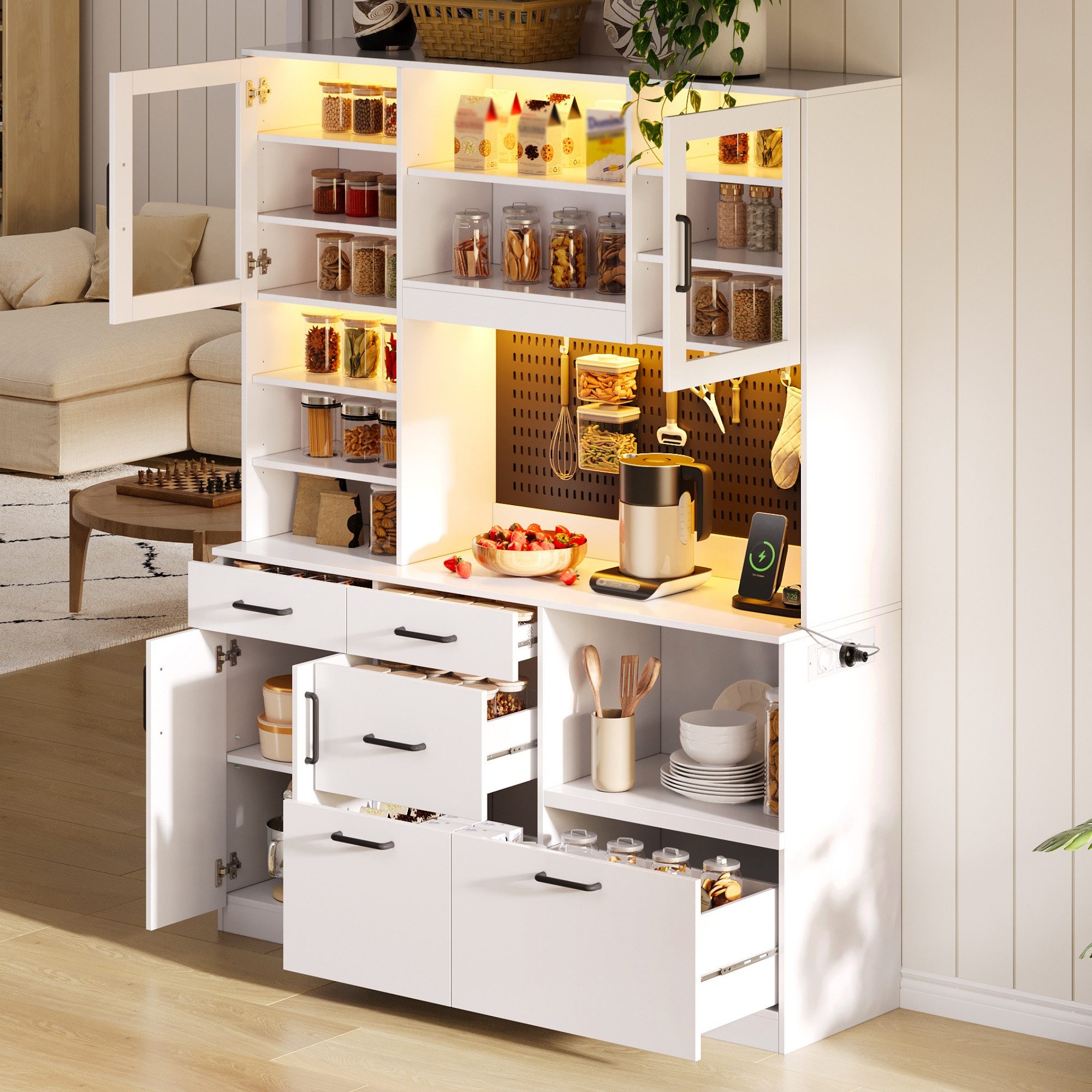 Flieks Küchenbuffet Hochschrank mit Arbeitsplatte, LED-Beleuchtung, Lochplatte, Steckdosen (B145/T40/H185 cm, 1-St) Küchenschrank Mehrzweckschrank mit verstellb – Bild 4 von 5