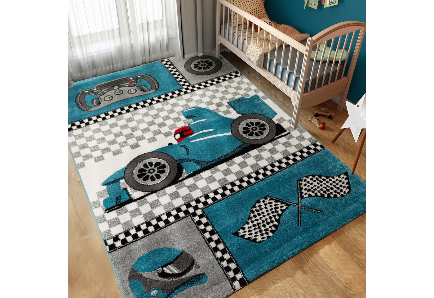 Carpettex Kinderteppich Rennwagen, Läufer, Höhe: 11 mm, Kinderteppich Rennwagen Teppich Baby Teppich Kinderzimmer Pflegeleicht