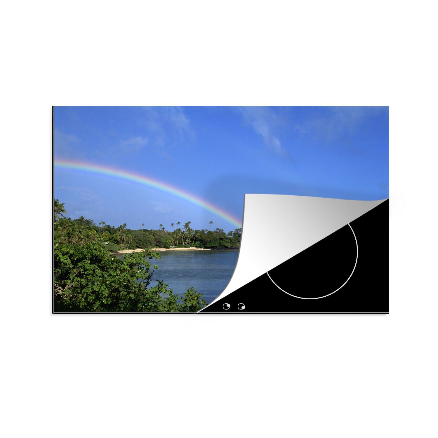Regenbogen, für Ceranfeldabdeckung 81x52 Wasser dem Ein auf einem Schutz Induktionskochfeld (1 küche, MuchoWow die tlg), Segelboot cm, Vinyl, Herdblende-/Abdeckplatte neben