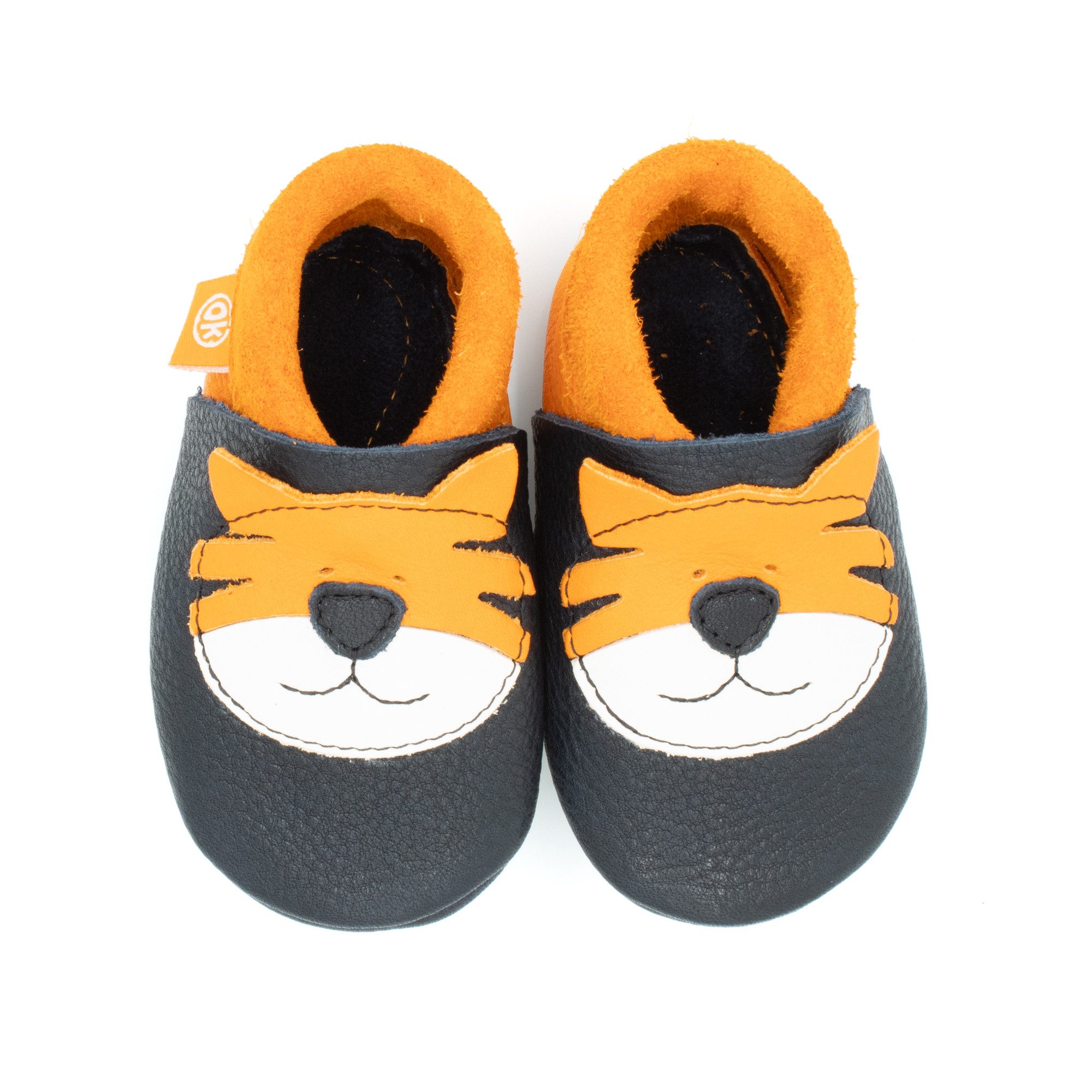 Orangenkinder® Tiger mit Sohle Kinder Hausschuh pflanzlich gegerbtes Leder, Made in Germany, Kindergartenschuh