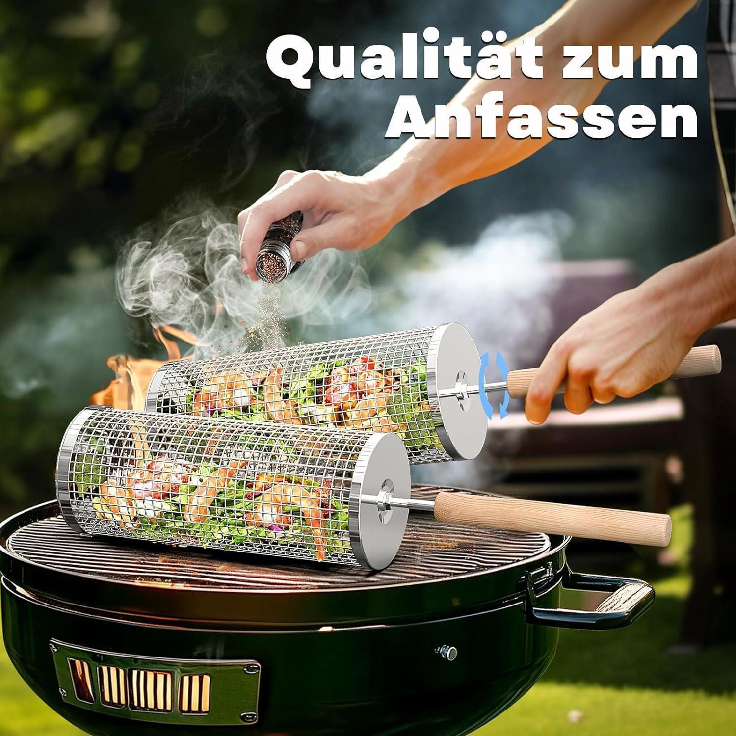 LuxusKollektion Grillbesteck-Set Rollendes Grillkorb Set Holzgriff 2 Stk 28.5cm Grill Zubehör Drehspieß
