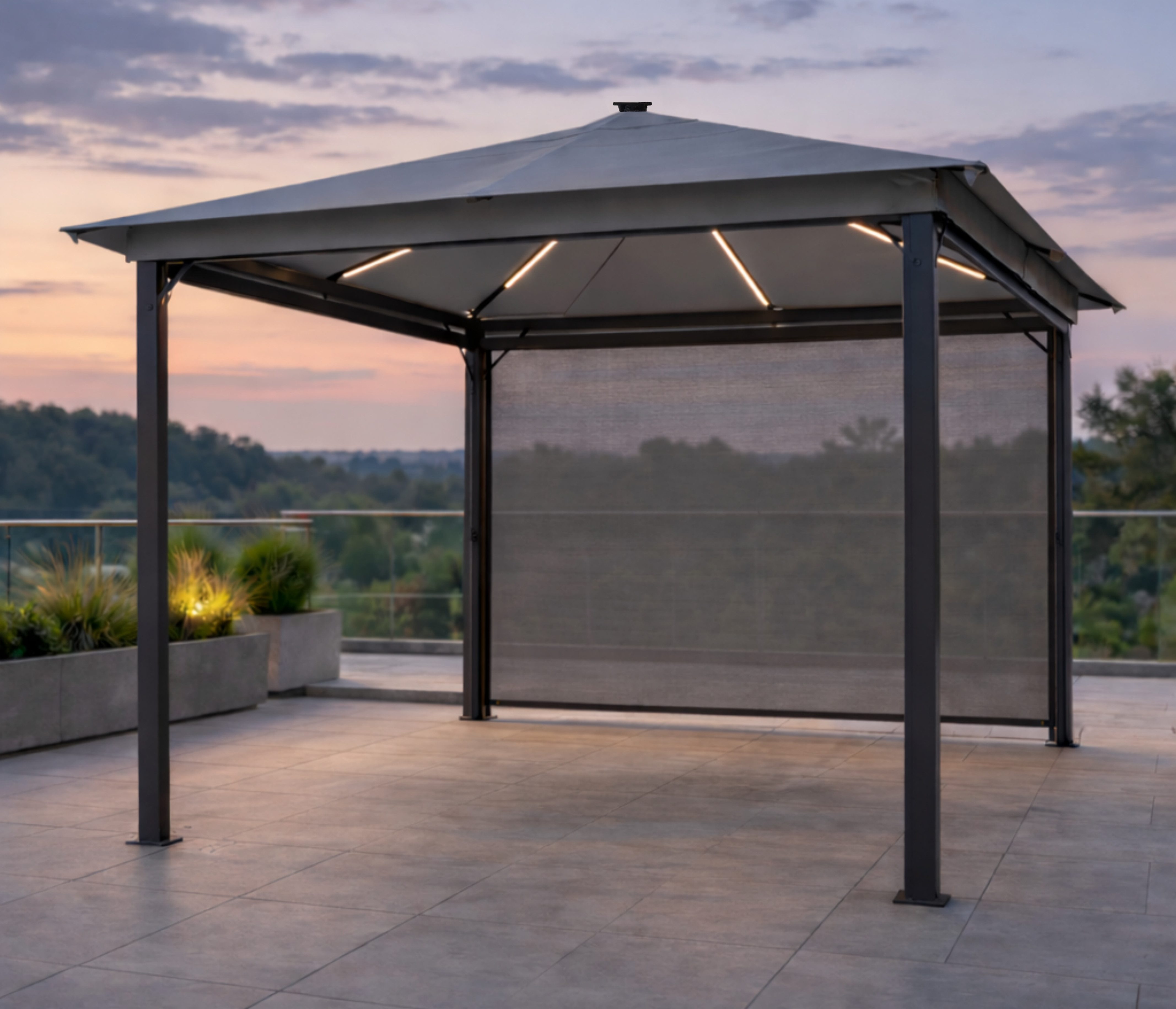 Leco Pavillon Solarpavillon LINA 3x3 m anthrazit lichtgrau, mit 4 Seitenteilen, 300x300 cm