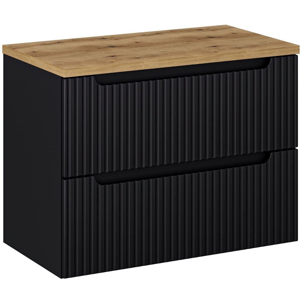 Lomadox Waschbeckenschrank NEWPORT-56-BLACK 80 cm Waschtisch-Unterschrank 40 cm schwarz gerillt Eiche 2 Auszüge
