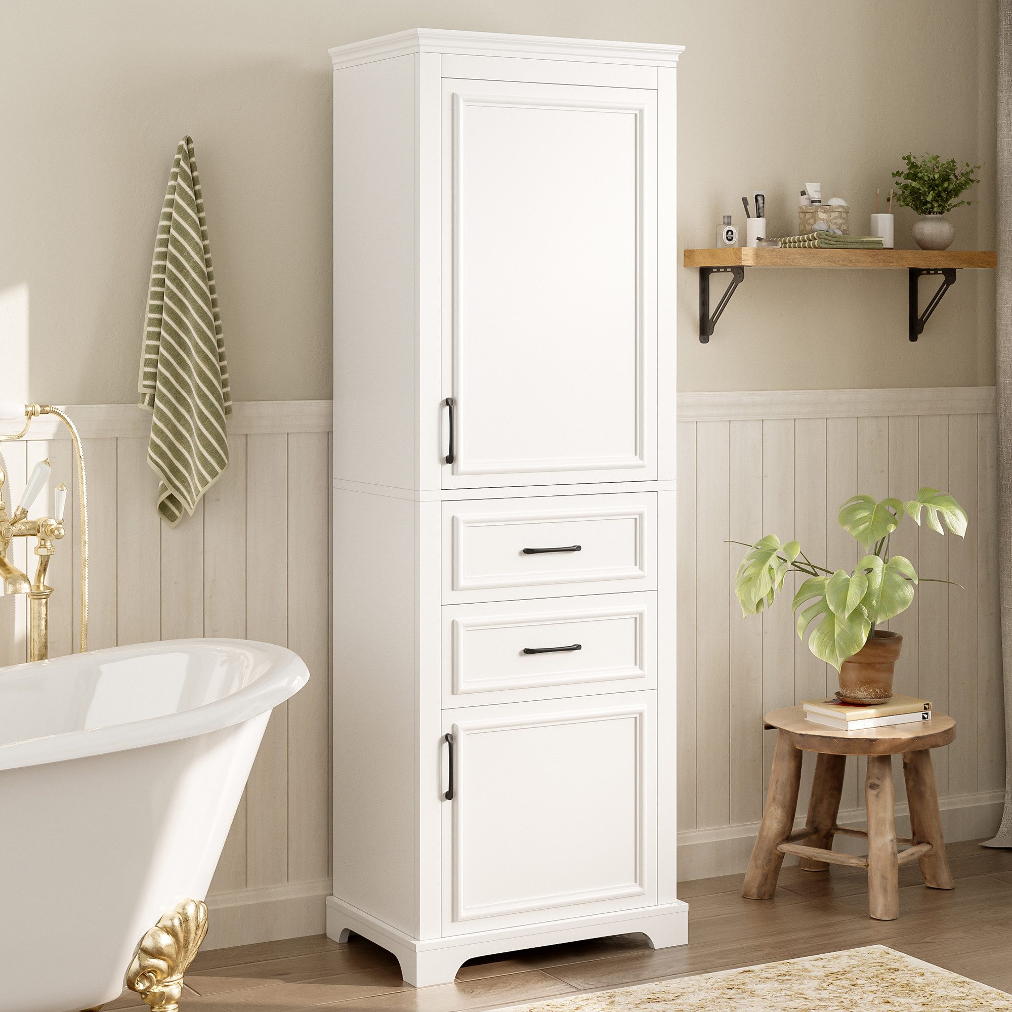 MODFU Hochschrank Badkommode (Badezimmer-Hochschrank mit 2 Schubladen Weiß, 1-St., 60 × 40 × 180 cm)
