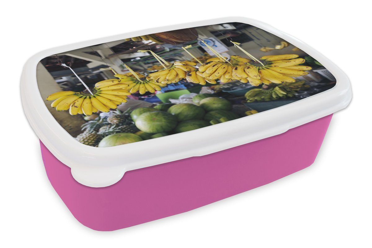 MuchoWow Lunchbox Banane - Markt - Java, Kunststoff, (2-tlg), Brotbox für Erwachsene, Brotdose Kinder, Snackbox, Mädchen, Kunststoff rosa