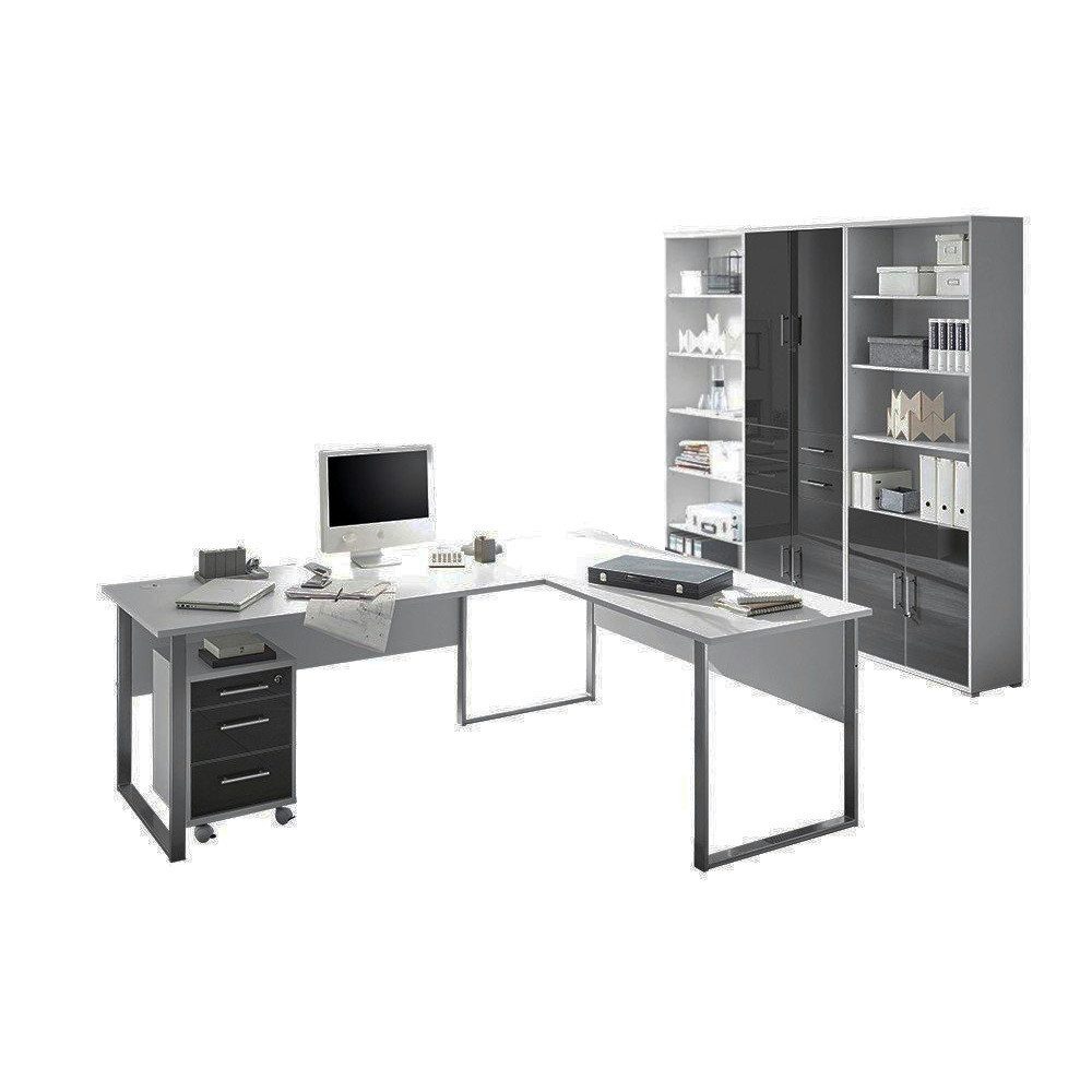 möbel-direkt.de Büromöbel-Set Office Line Lux in Platingrau mit lackierten Fronten in Graphit, (Komplett Set, 5-tlg., Winkelschreibtisch, Rollcontainer, Regalwand,  Sideboard), lackierten Graphit-Glasfronten, abschließbar