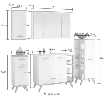 Saphir Badmöbel-Set Quickset Mineralmarmor-Waschtisch mit LED-Spiegelschrank, (6-St), Unterschrank, Hängeschrank, Midischrank, 8 Türen, 2 Schubladen
