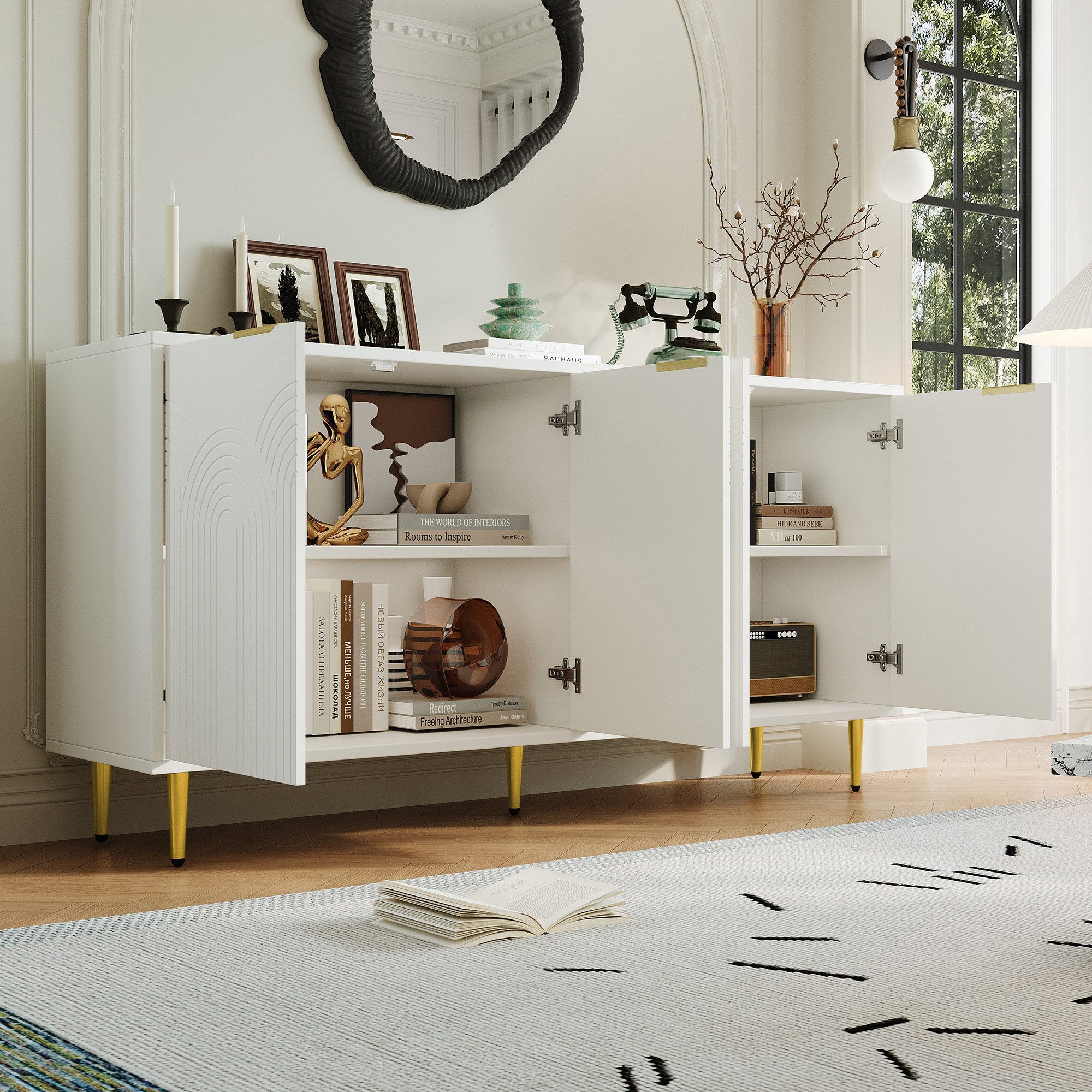 Flieks Sideboard mit 4 Türen, goldenen Metallgriffen und Metallbeinen (B160/T40/H80 cm, 1 St., Holzschrank für Wohnzimmer, Esszimmer, Schlafzimmer, Flur), Mehrzweckschrank mit verstellbare Einlegeböden Komodenschrank Weiß