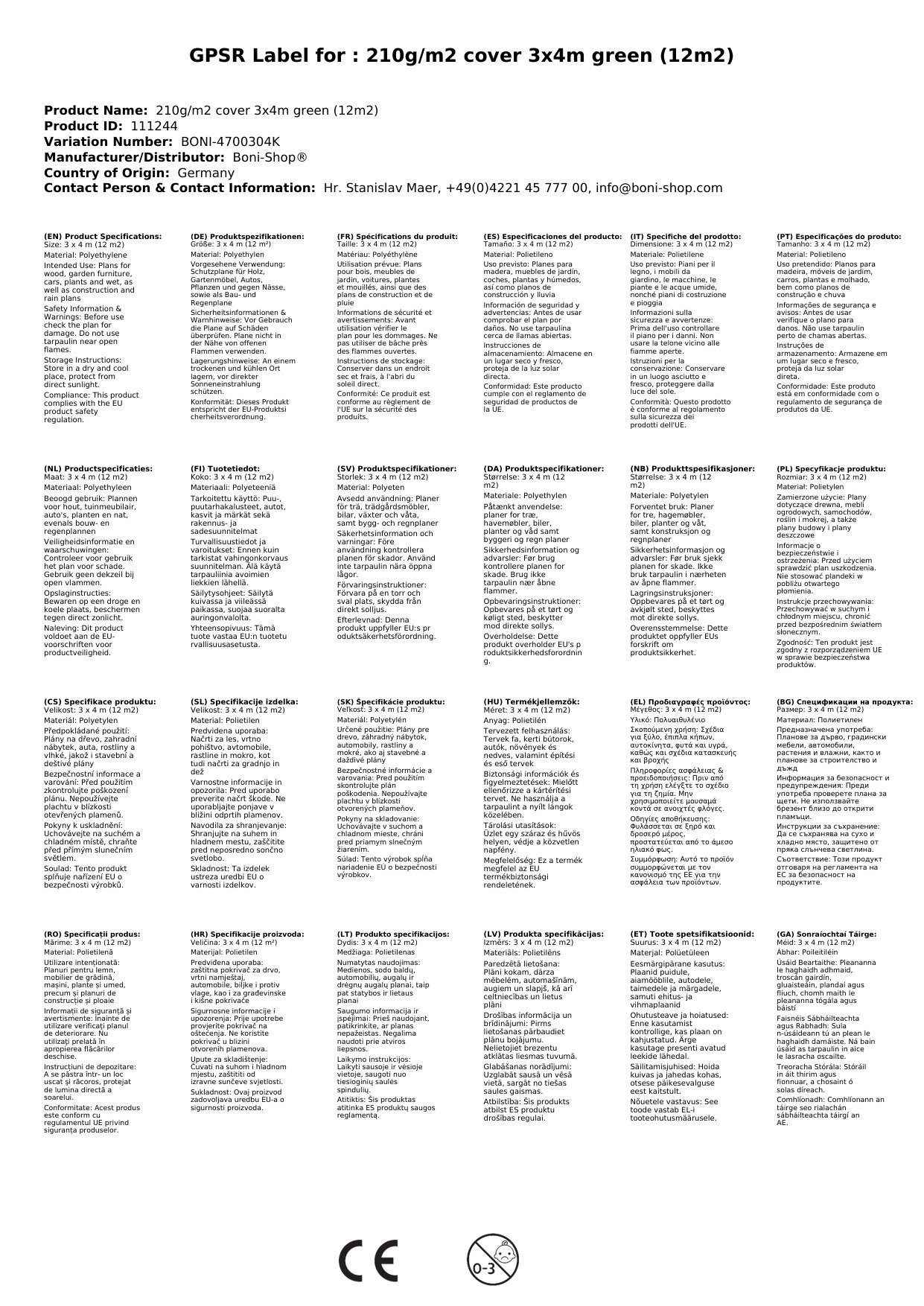 Boni-Shop Schutzplane 210g/m² Abdeckplane 3x4m grün (12m)