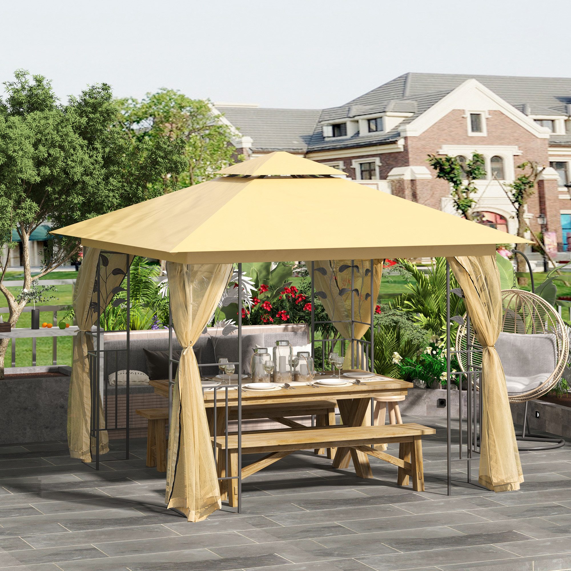 Outsunny Pavillon Pavillon mit Doppeldach, 3x3 m, wasserabweisend, stabil, Partyzelt, mit 4 Seitenteilen, (Gartenzelt, Pavillon), für Garten, Terrasse, Balkon, Beige