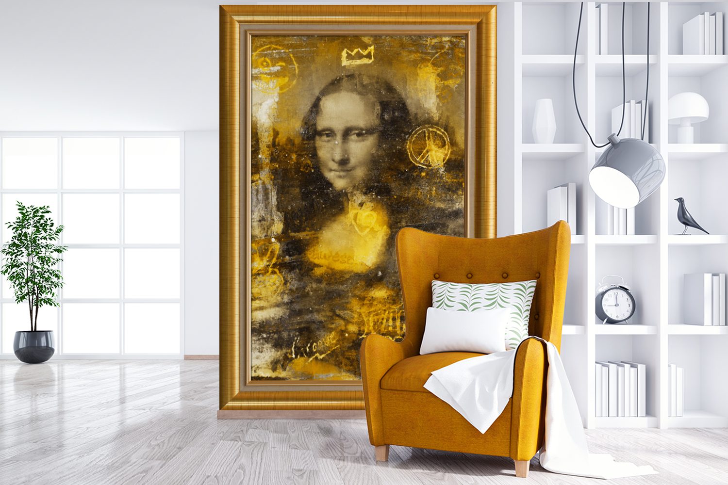 Da Mona Fototapete Wohnzimmer, Gold, (3 - Montagefertig Wandtapete Lisa MuchoWow für Tapete bedruckt, Vinyl - St), - Liste Vinci Matt,