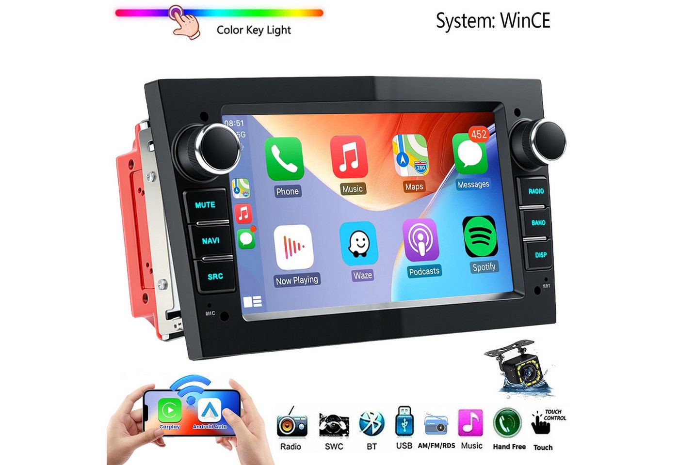 ESSGOO 7'' Android 15/WinCE für Opel Astra H/Corsa C/D/Vectra C/Zafira h 2DIN Autoradio (RDS, 4+64GB(optional), DAB (optional), FM, DAB+ (optional), SWC, Apple Carplay Android Auto GPS Navi WIFI BT EQ)