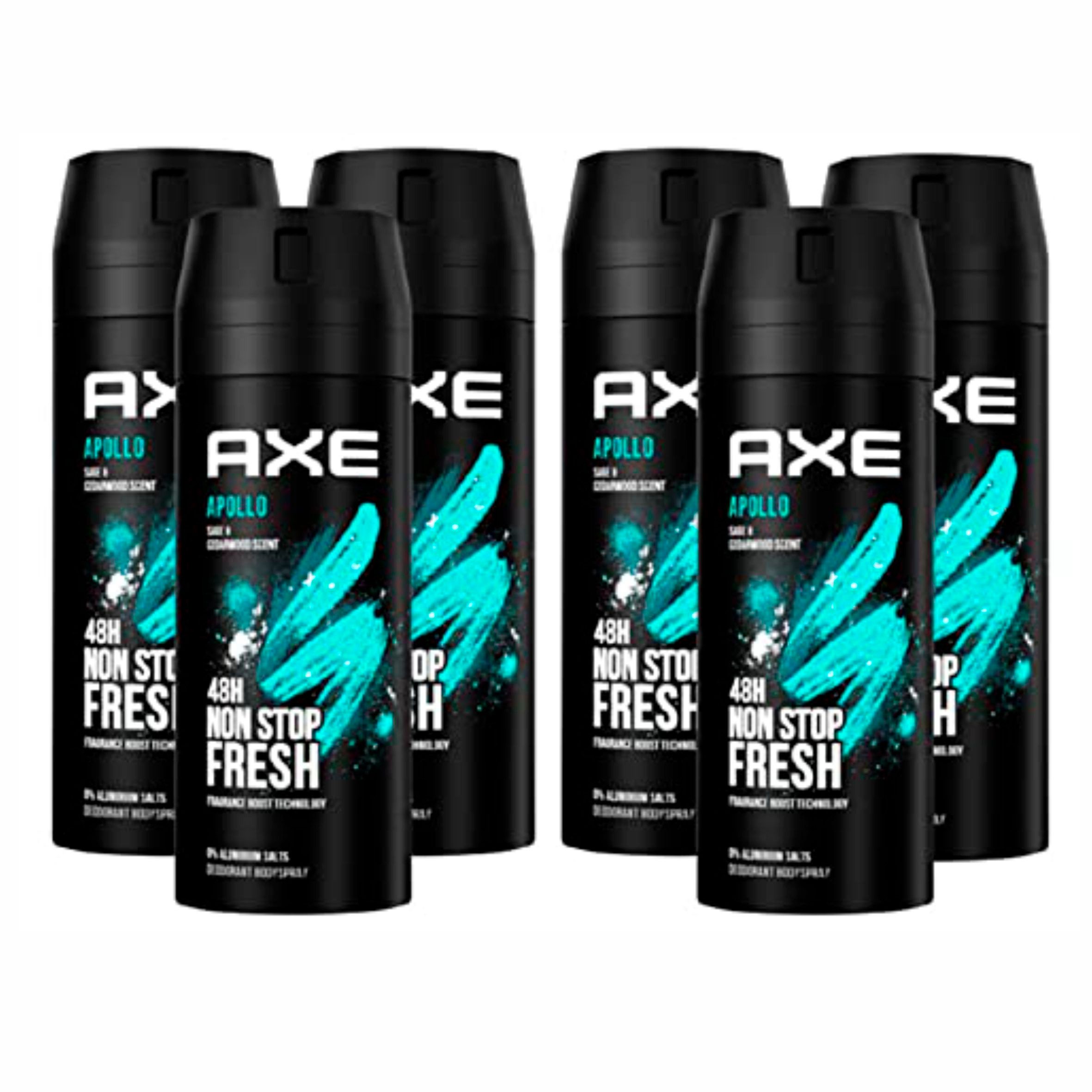 axe Deo-Spray 6x Axe Bodyspray Apollo ohne Aluminiumsalze - 150ml, 6-tlg., bekämpft geruchsbildende Bakterien und unangenehme Gerüche