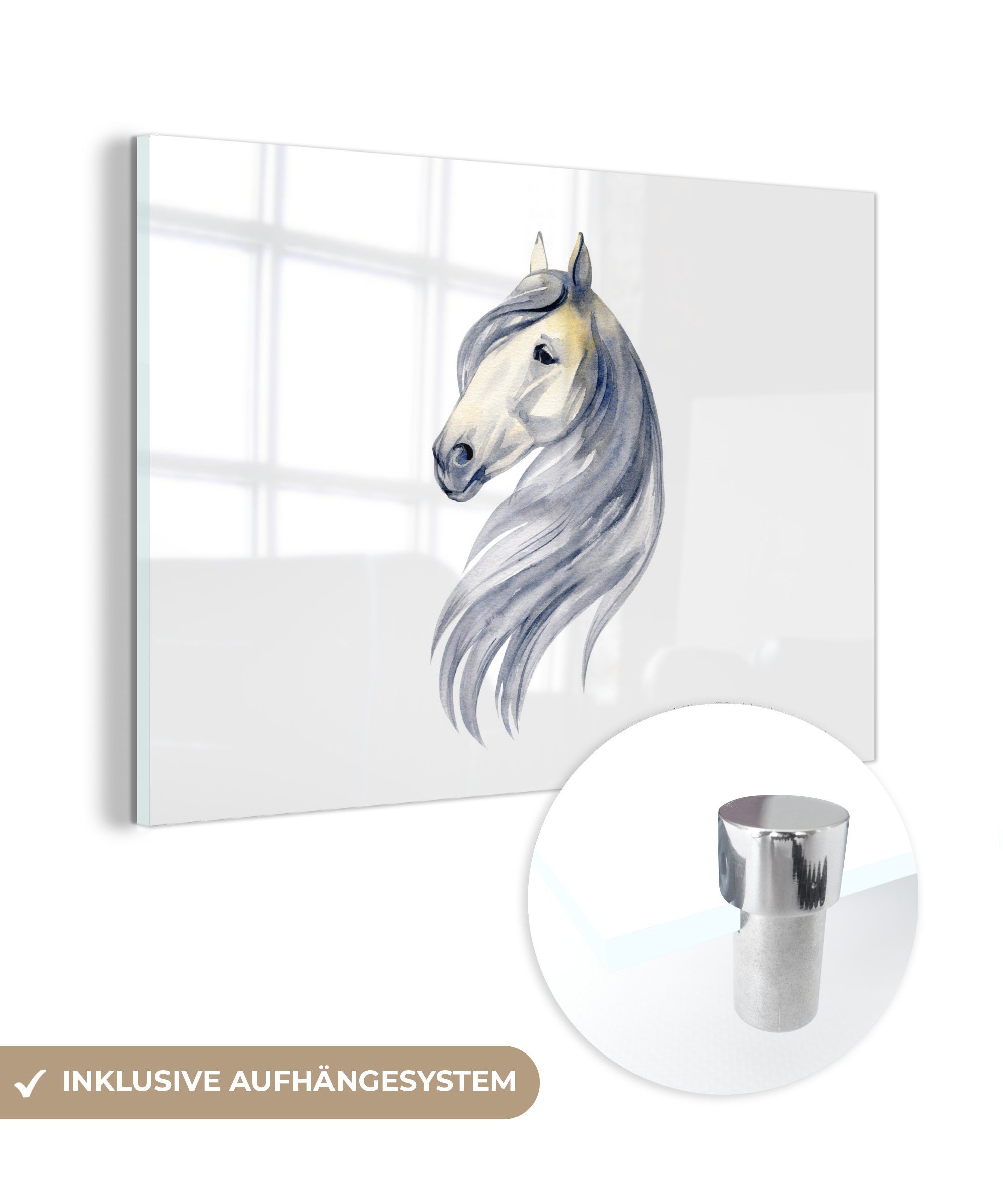 Aquarell Acrylglasbild auf St), - MuchoWow Tier auf - Mädchen, (1 Mädchen - Glasbilder - - Glas Pferd Kinder Foto Glas - Wandbild Wanddekoration Bilder - -
