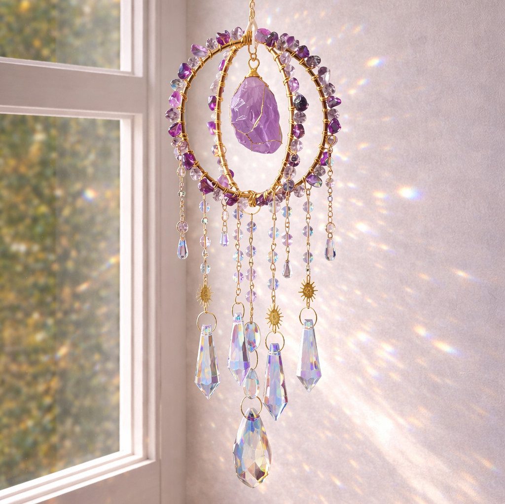 Karmandala Traumfänger Fenster Sonnenfänger mit Kristall, echte Edelsteine, mit Regenbogen Lichtspiel in die Traumwelt