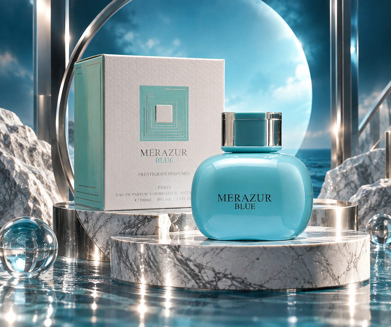 Prestigious Parfums Eau de Parfum Merazur Blue Damenduft: Frisch, Aquatisch, e100 ml, Hergestellt in Paris, Langanhaltend, Edle Verpackung