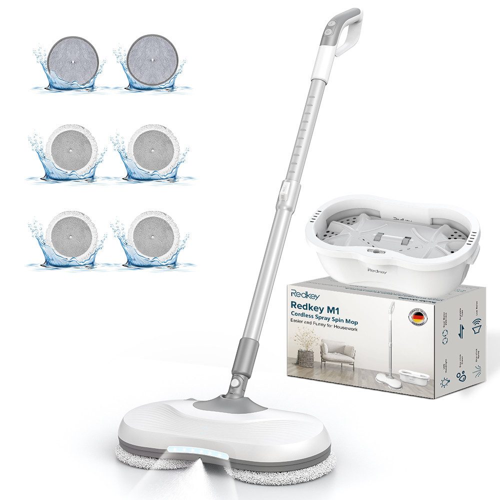 Redkey Akku-Wischmopp 2025 Akku Wischmopp Hurricane Mop LED Sprühfunktion Selbstreinigung, 60 W, Dual Spin Head, 250ML Großer Tank, Wischmopp mit LED-Frontlicht und Wasser-Sprühfunktion