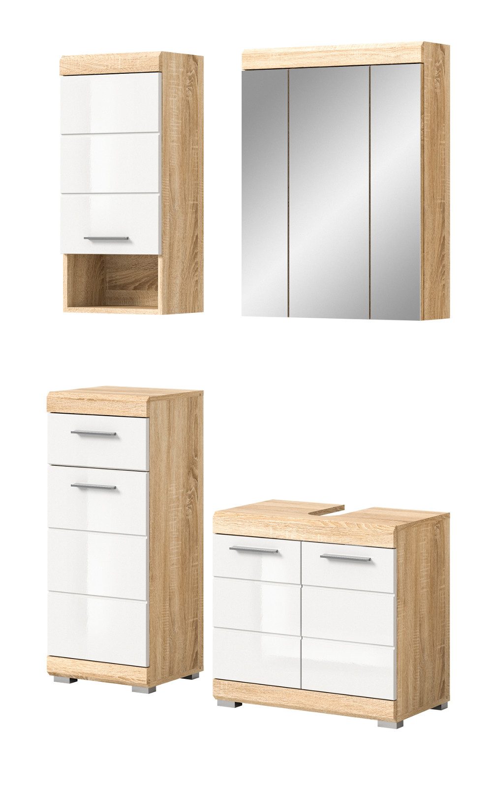 Inn.Furn Badezimmer-Set Mambo, (Möbel-Set 4-teilig Eiche Sonoma und weiß, ca. 112 x 191 cm), Hochglanz