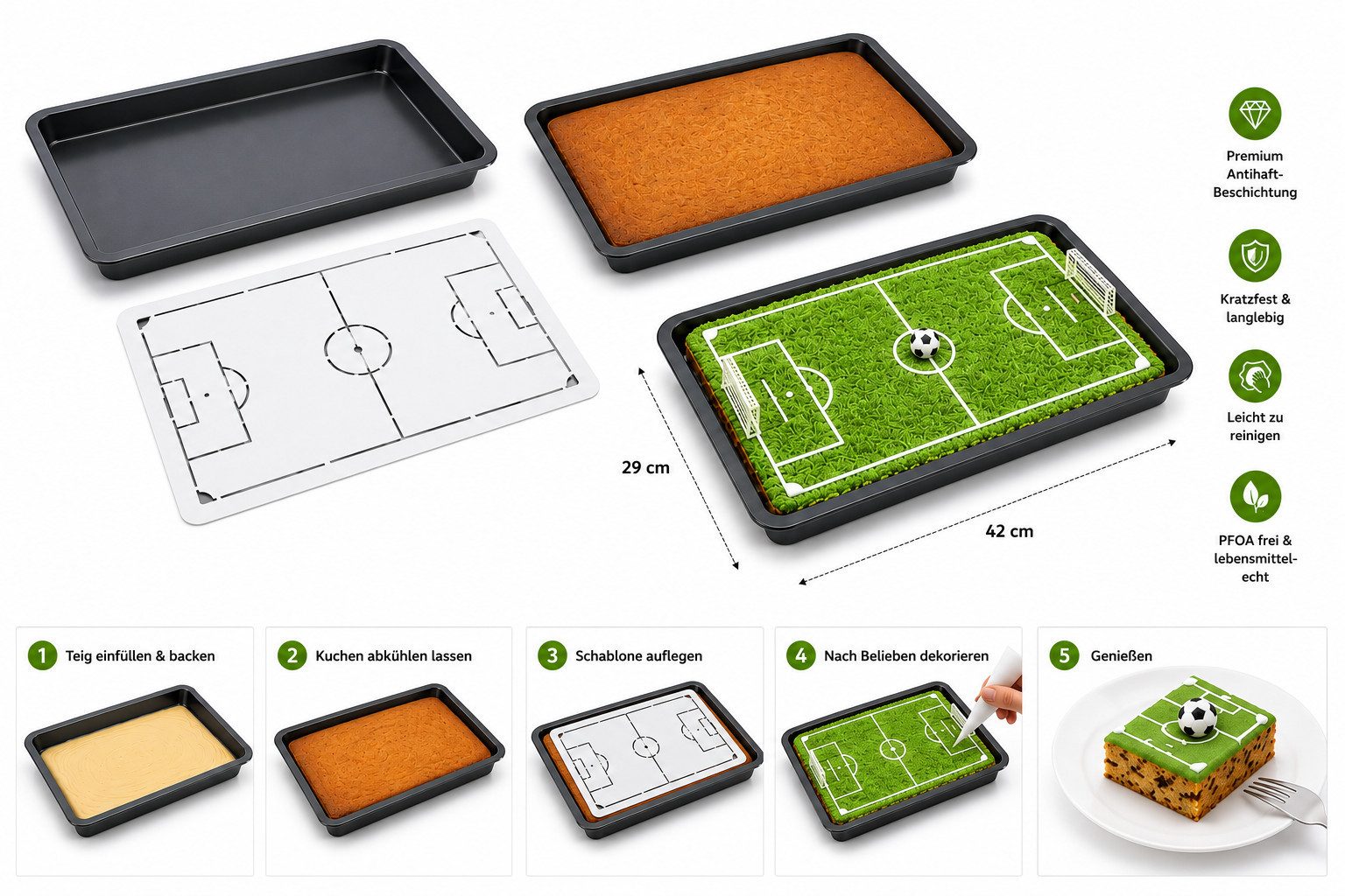 Zenker Backform Kuchenblech mit Fußballfeld-Schablone Premium Backform für Sportfans