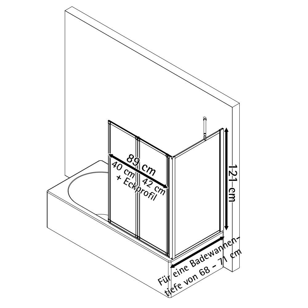 Schulte Badewannenfaltwand Smart, Sicherheitsglas, 89x121 cm, 2 tlg + Festelement, Klebe-Montage, Klar, Schwarz