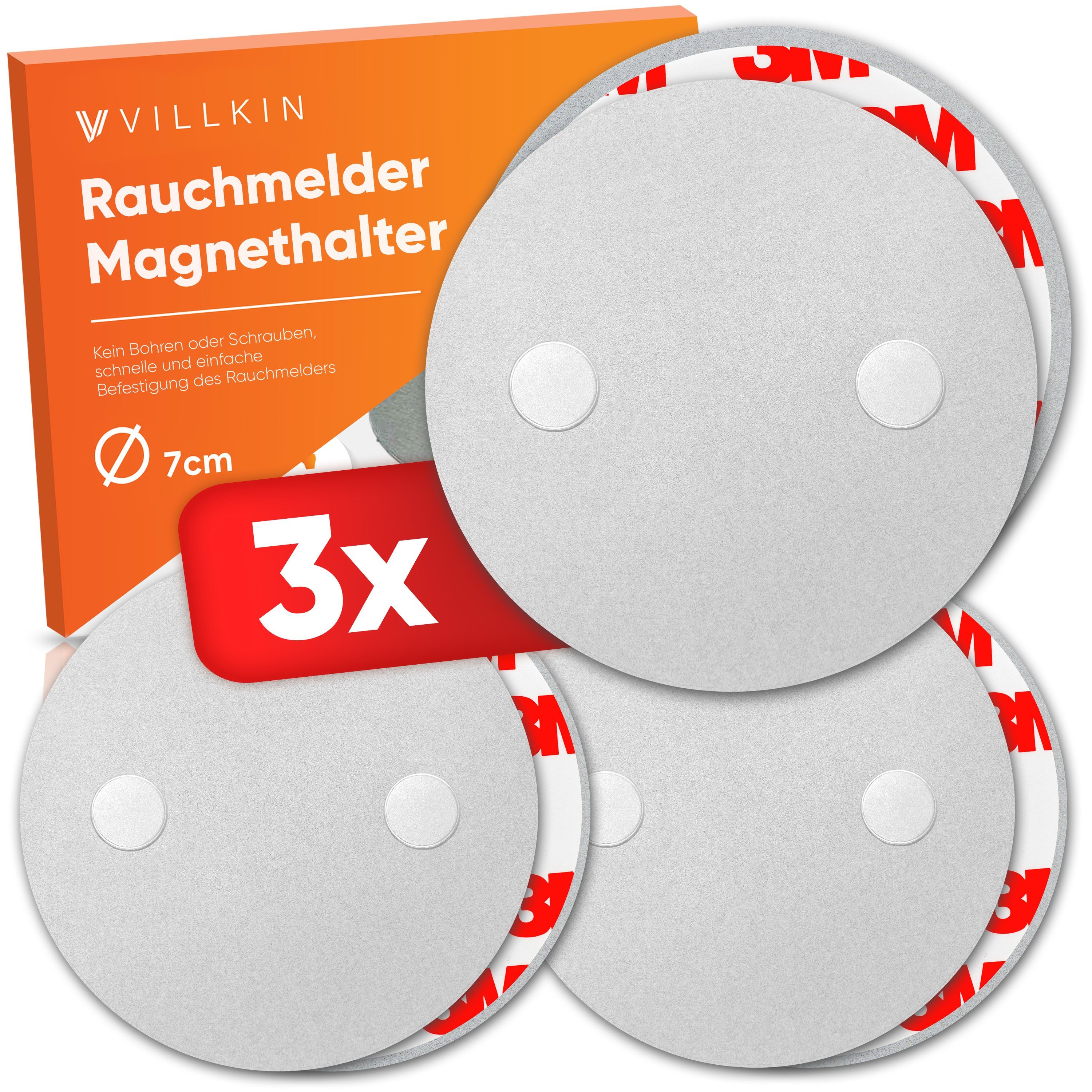 Villkin Magnethalter Rauchmelderhalterung, Magnetbefestigung, Magnethalterung (3-St), klebend, einfache Montage, magnetisch, überstreichbar