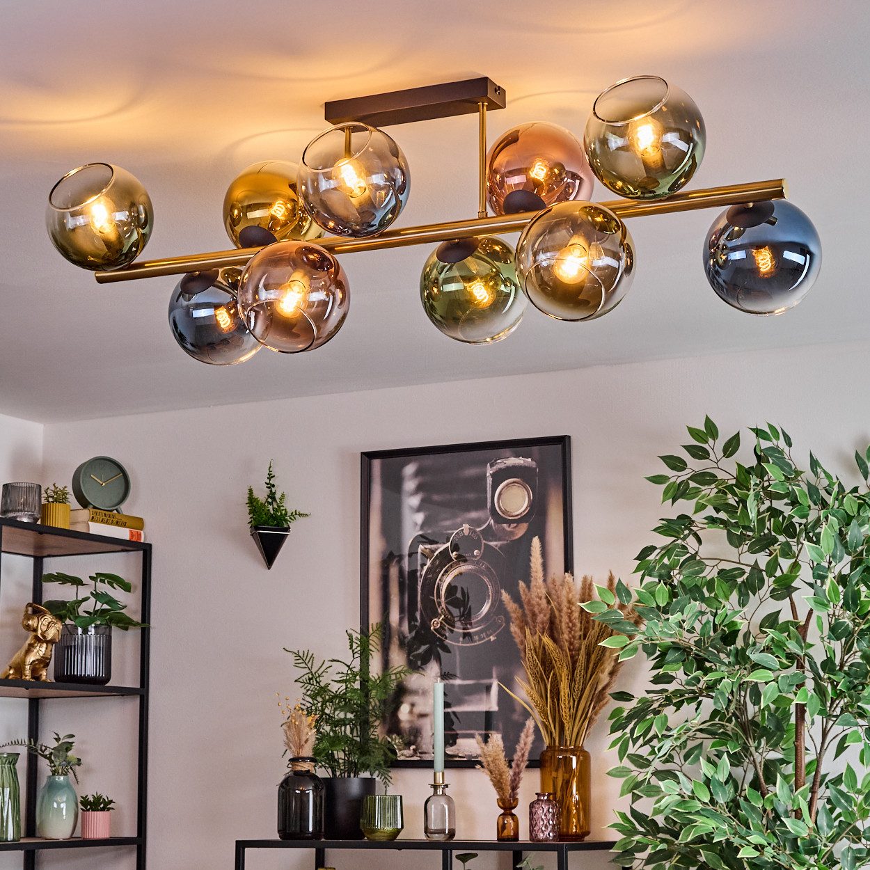 hofstein Deckenleuchte Deckenlampe aus Metall/Glas in Schwarz/Gold/Blau/Grün/Kupfer/Klar, Deckenleuchte im Retro/Vintage-Design (Schirme Ø 15 cm), 10 x E14