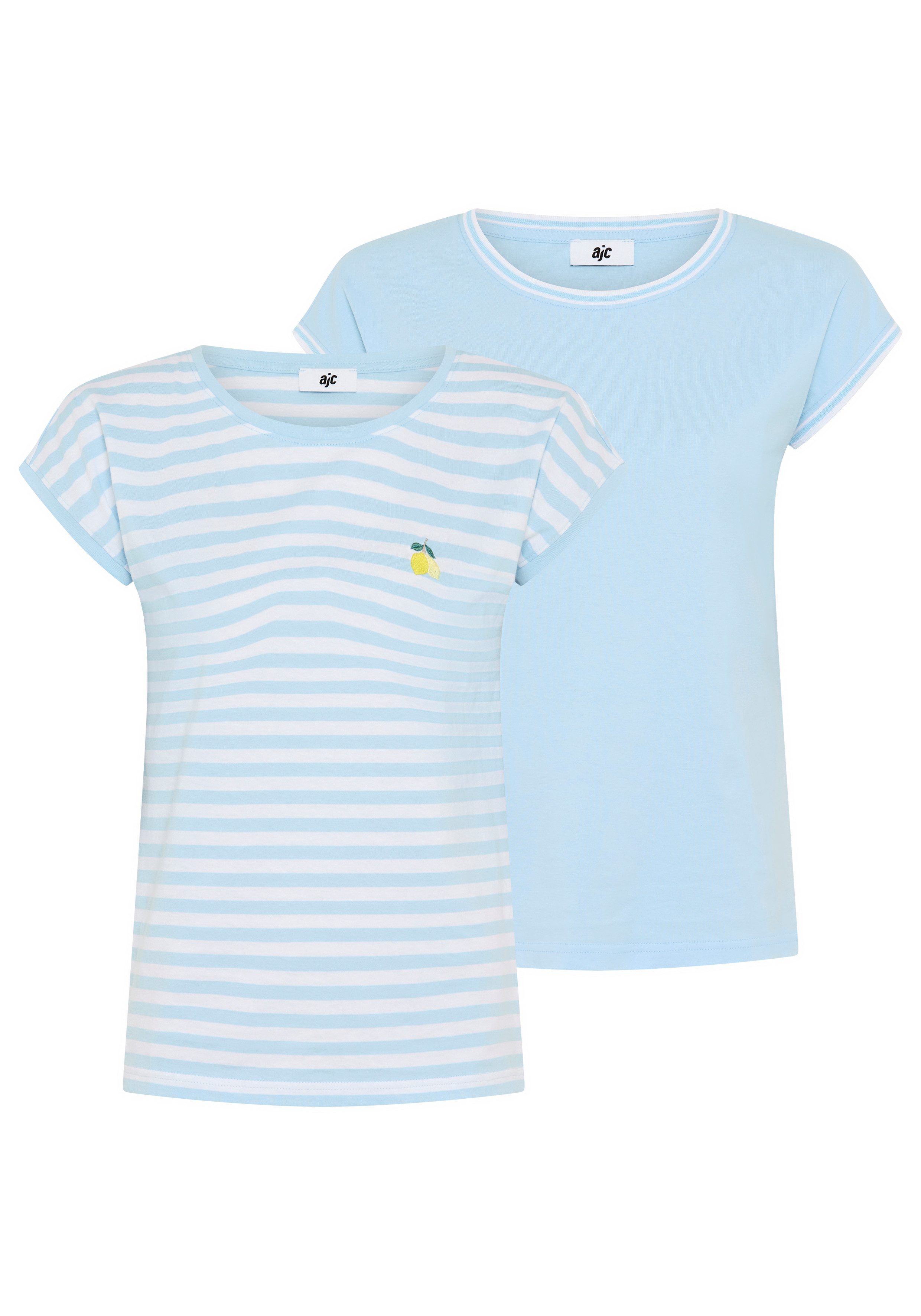 AJC Rundhalsshirt (2er-Pack) gestreift mit Stickerei und einfarbig mit sportlicher Blende