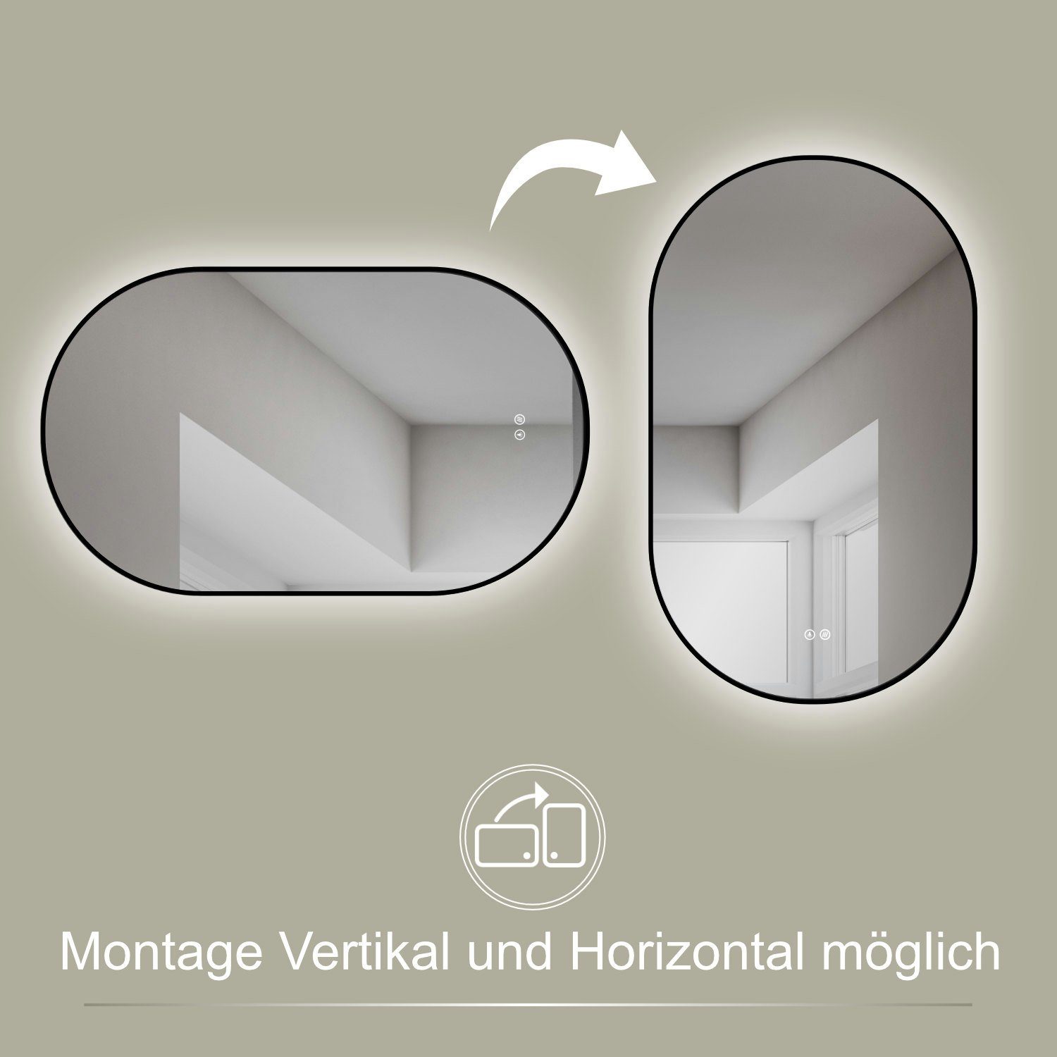 HOKO Badspiegel oval mit Anti-Beschlag, Memory Metallrahmen in Schwarz, Gold oder Weiß (Ovaler Badspiegel 75x45 cm mit schwarzem Metallrahmen, mit Anti-Beschlag – Bild 5 von 5