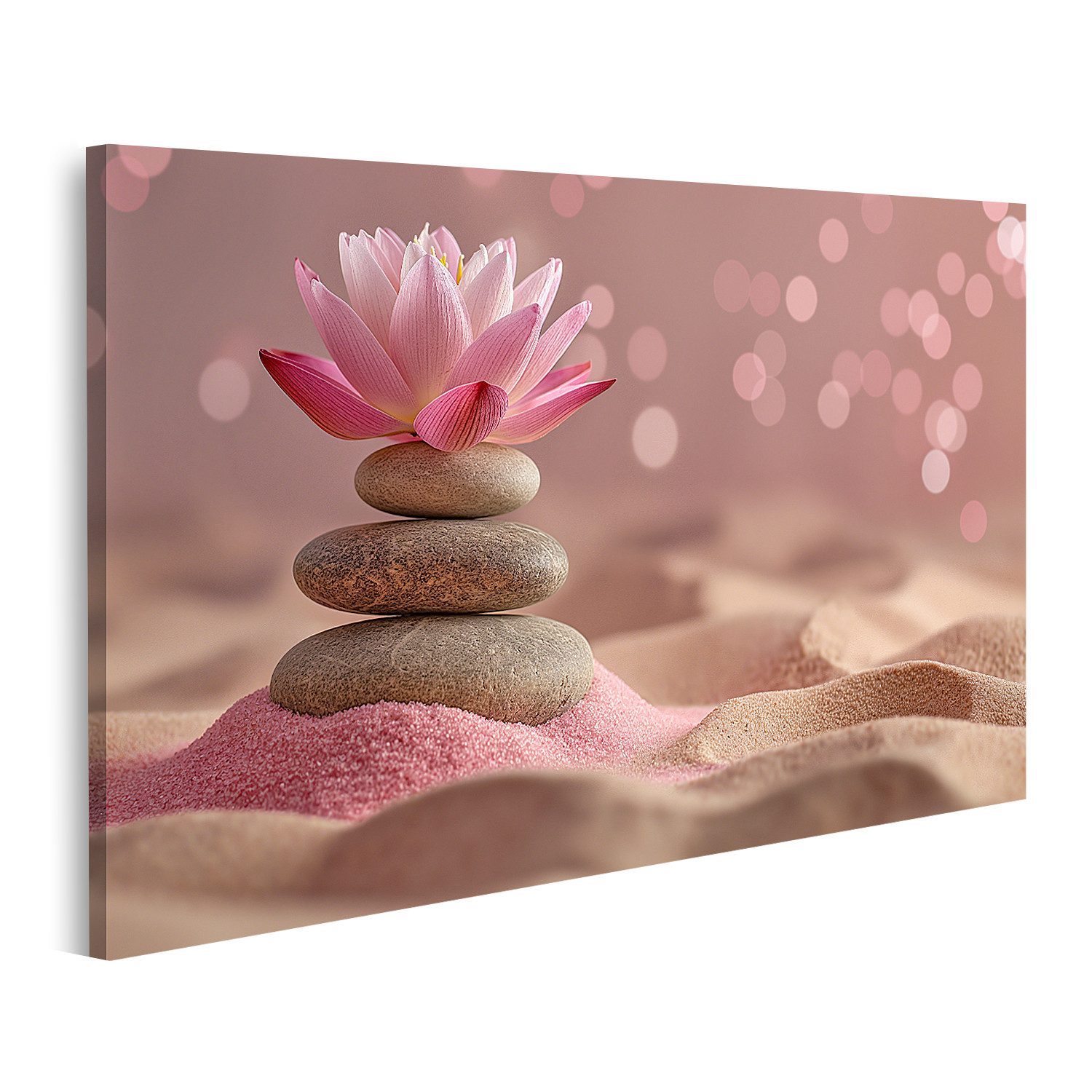 islandburner Leinwandbild Lotusblüte und Steine auf rosa Sand im Zen Garten Wandbild