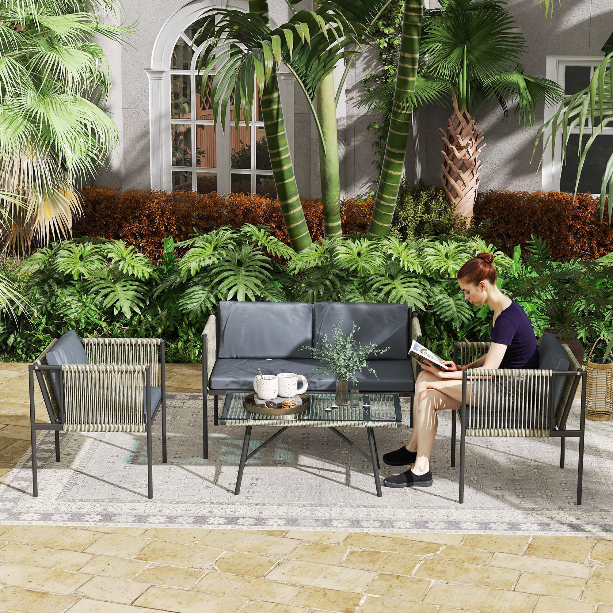 Outsunny Sitzgruppe Outdoor Balkonmöbel mit 2er Sofa Sessel Glastisch Kissen, (Gartenmöbel-Set aus Polyrattan, 4-tlg., wetterfest Lounge-Set), für 4 Personen, für Garten, Balkon, Grau