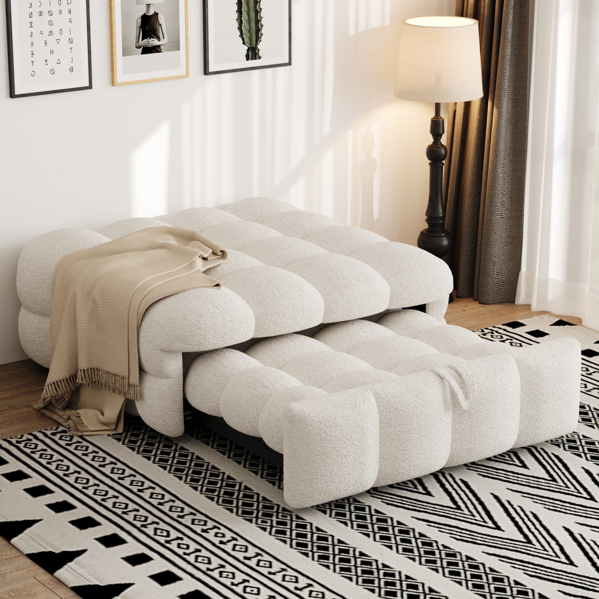 KLAM HOME Schlafsofa Polsterbett, Einzelbett, Puffy-Bett, 2-in-1-FußhockerTeddy-Stoff, Grau, Polsterbett Daybett Tagesbett für Wohnzimmer,Schlafzimmer(Ohne Kissen)