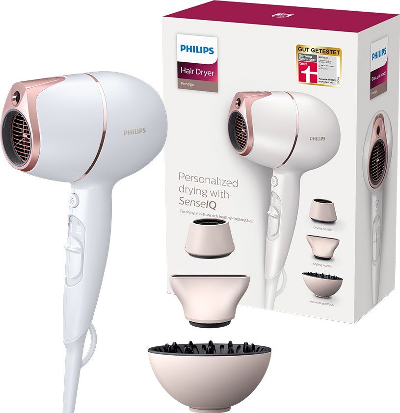 3 Trocknungsmodi 2 Philips Haartrockner mit Geschwindigkeits- W, Technologie, und SenseIQ Prestige BHD628/00, 1800