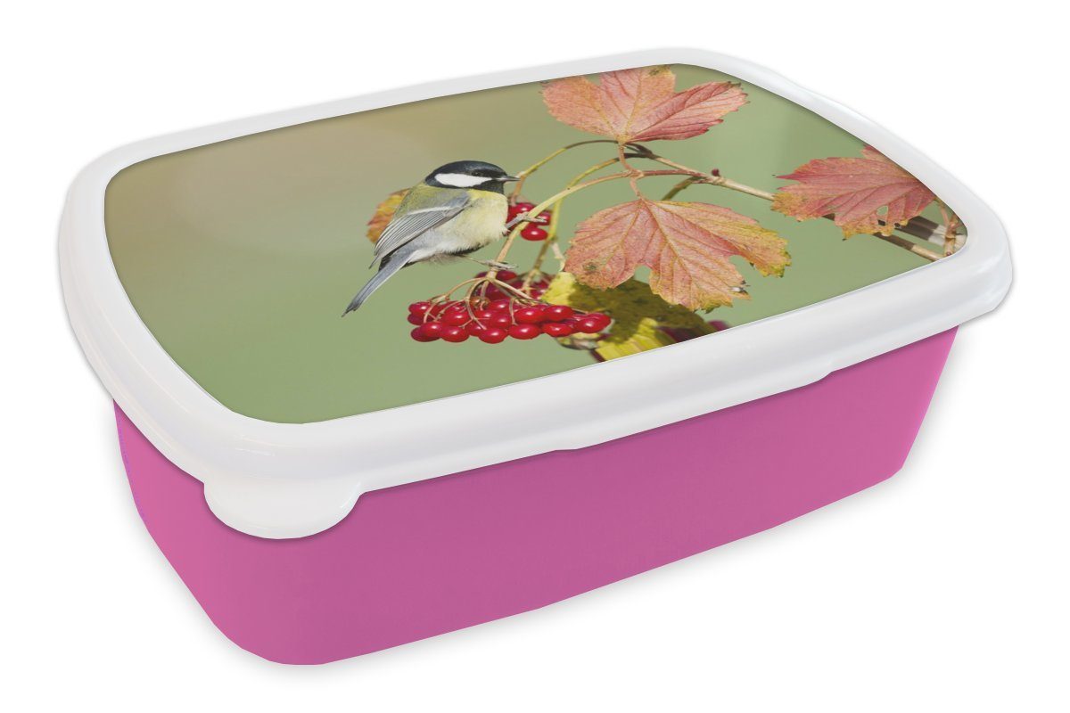 MuchoWow Lunchbox Tolle Meise zwischen den roten Blättern, Kunststoff, (2-tlg), Brotbox für Erwachsene, Brotdose Kinder, Snackbox, Mädchen, Kunststoff rosa