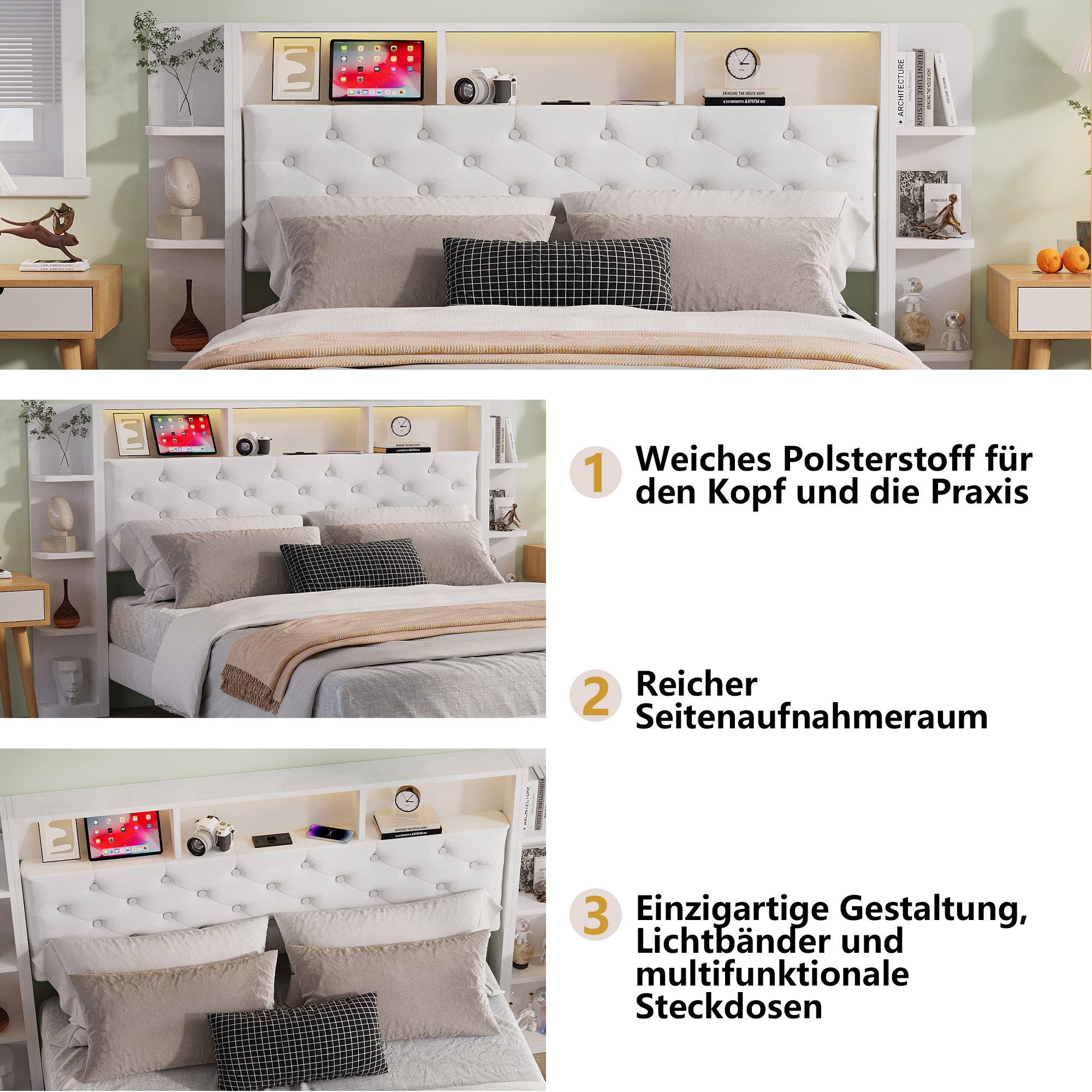 ADWOLT Polsterbett Doppelbett Stauraumbett mit LED-Licht (Bettgestell, 1-tlg., Mit Kopfteil und Lattenrost), 140x200 cm,Kopfteil mit Ablagefach,2 Schubladen,USB – Bild 5 von 5