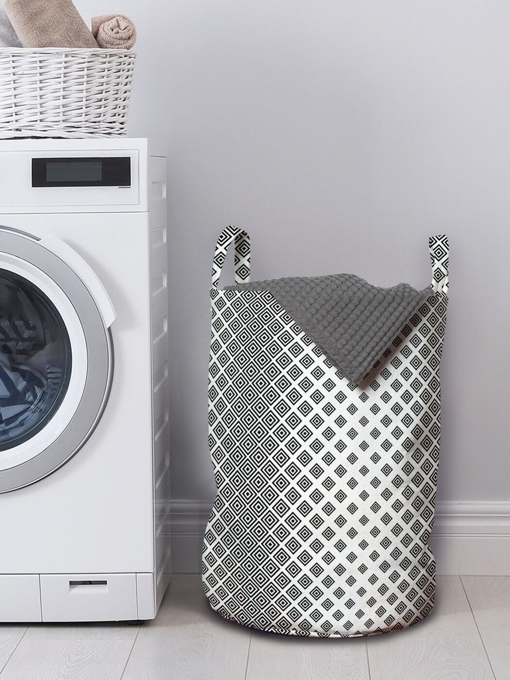 Wäschekorb für Waschsalons, Form Abakuhaus Abstrakt Wäschesäckchen mit Geometrische Quadratische Kordelzugverschluss Griffen