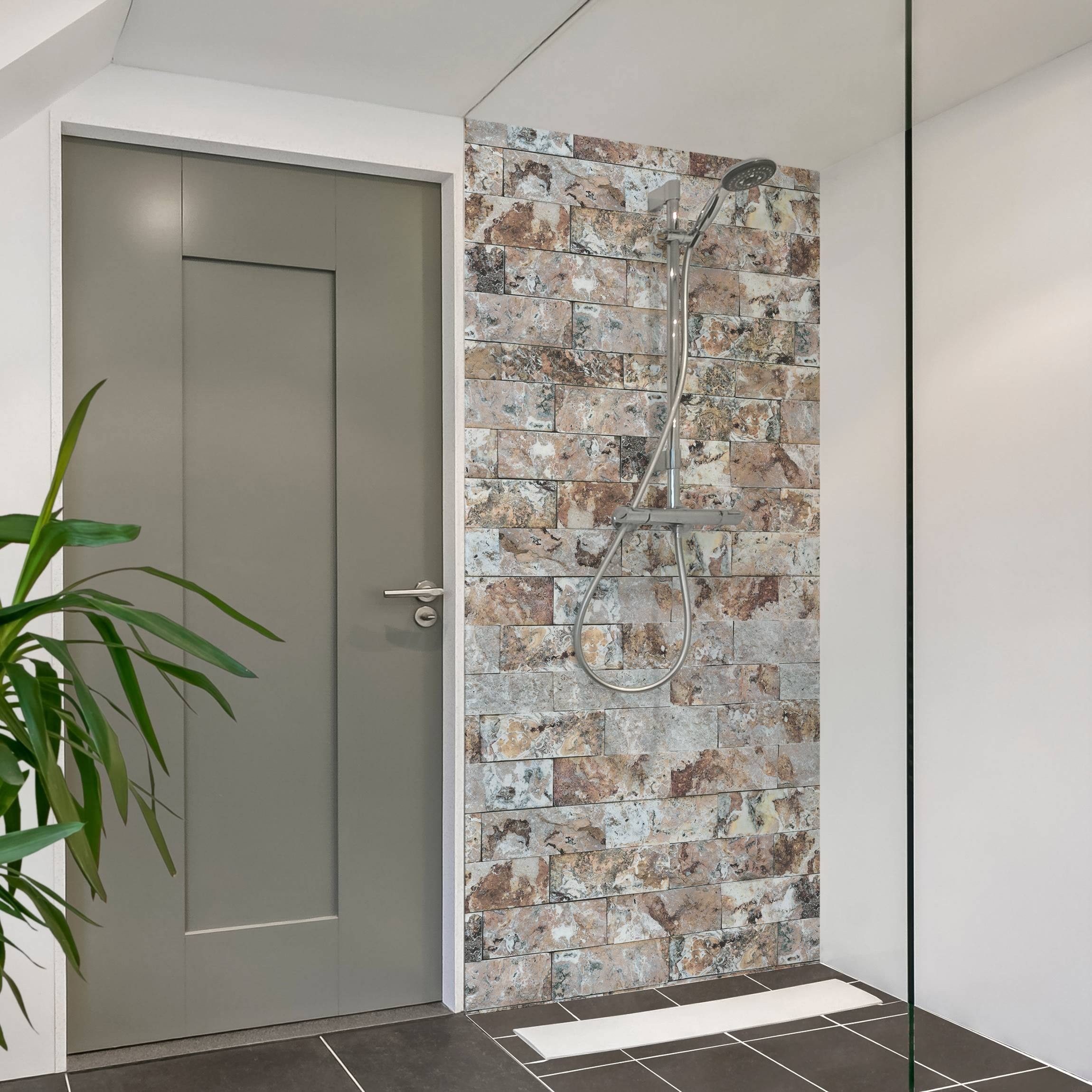 Bilderdepot24 Duschrückwand Marmor beige Badrückwand ohne Bohren Dusche Steinoptik, (1-tlg., 0,61 mm starke Folie selbstklebend Wandpaneele Dusche versch. Größen), fugenlose & wasserfeste Motiv Rückwand Wandverkleidung für Duschkabine