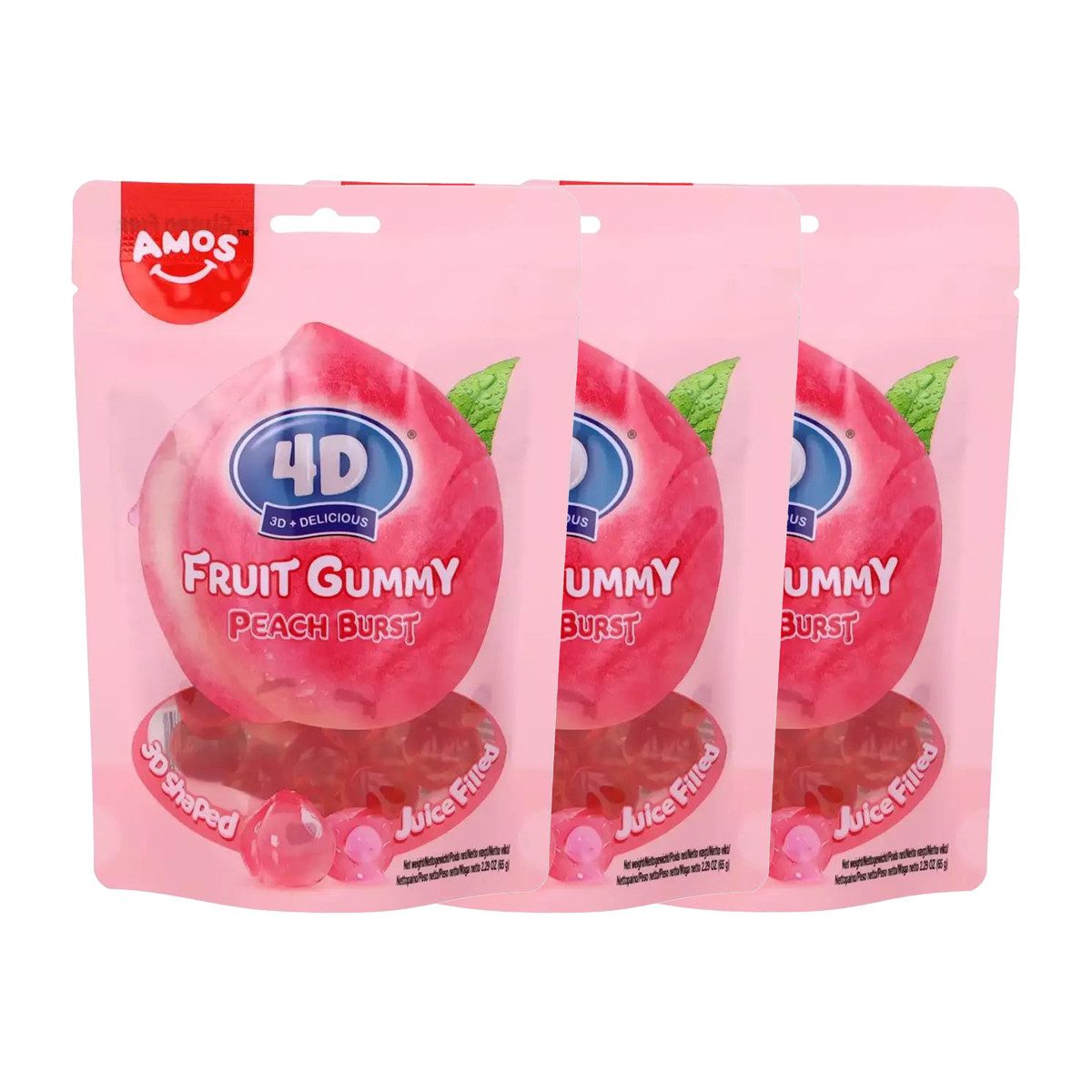 AMOS Süßigkeit, Amos Peelerz 4D Peach Burst Gummy Mini Fruchtgummi 65g 3er Pack