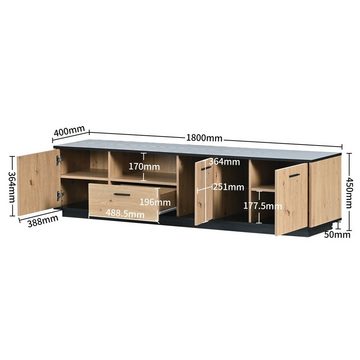Ulife TV-Schrank Lowboard mit einer Schublade, drei Türen Fernbedienungen (zwei offene Fächer mit Glas) 15 variable LED-Leuchten, 180 L x 40 B x 45 H(cm)