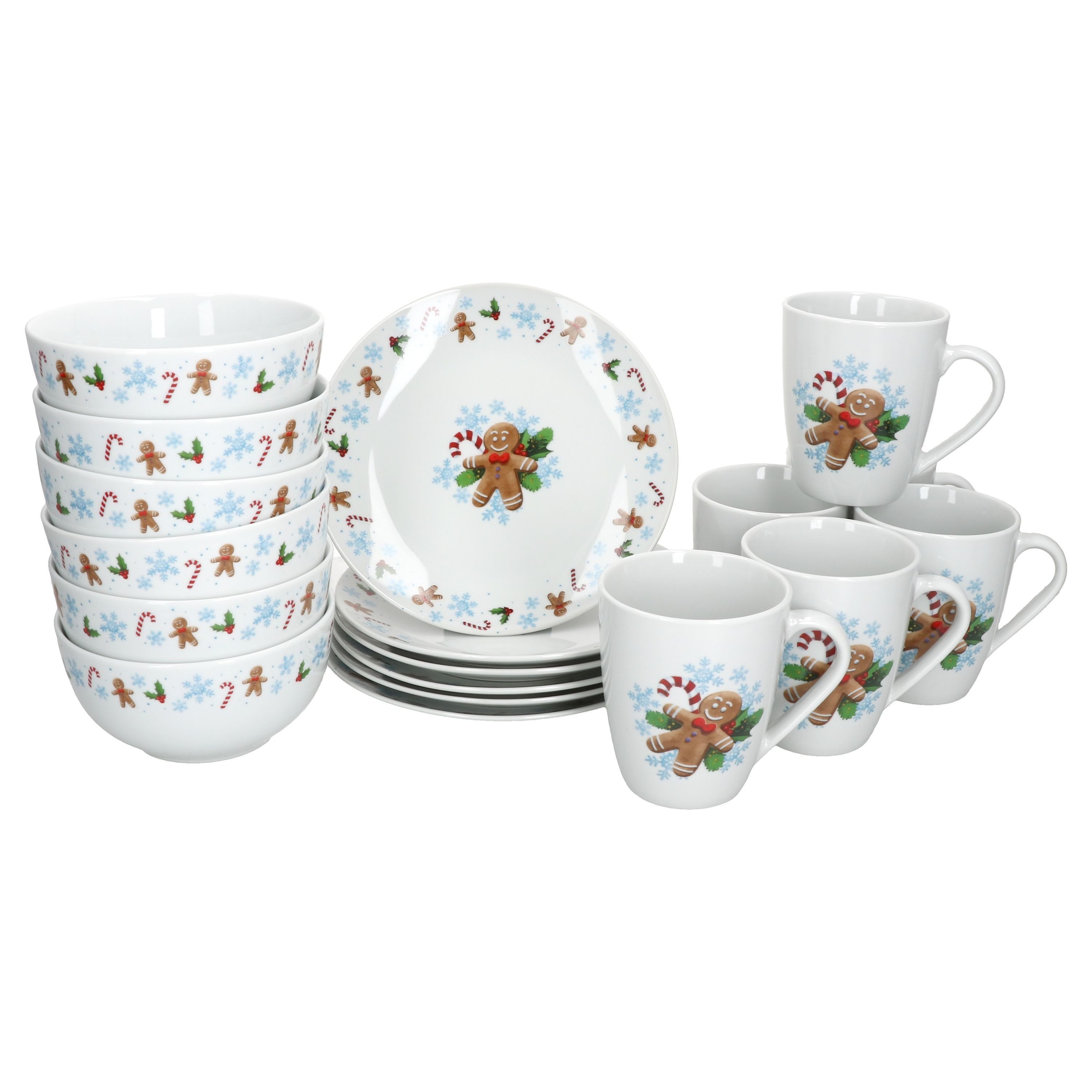 MamboCat Frühstücks-Geschirrset 18tlg. Frühstücksset Candyman 6 Personen Becher Teller Schalen, Porzellan, Weihnachtsgeschirr, Winter, Weihnachtsset, Geschirr, Advent