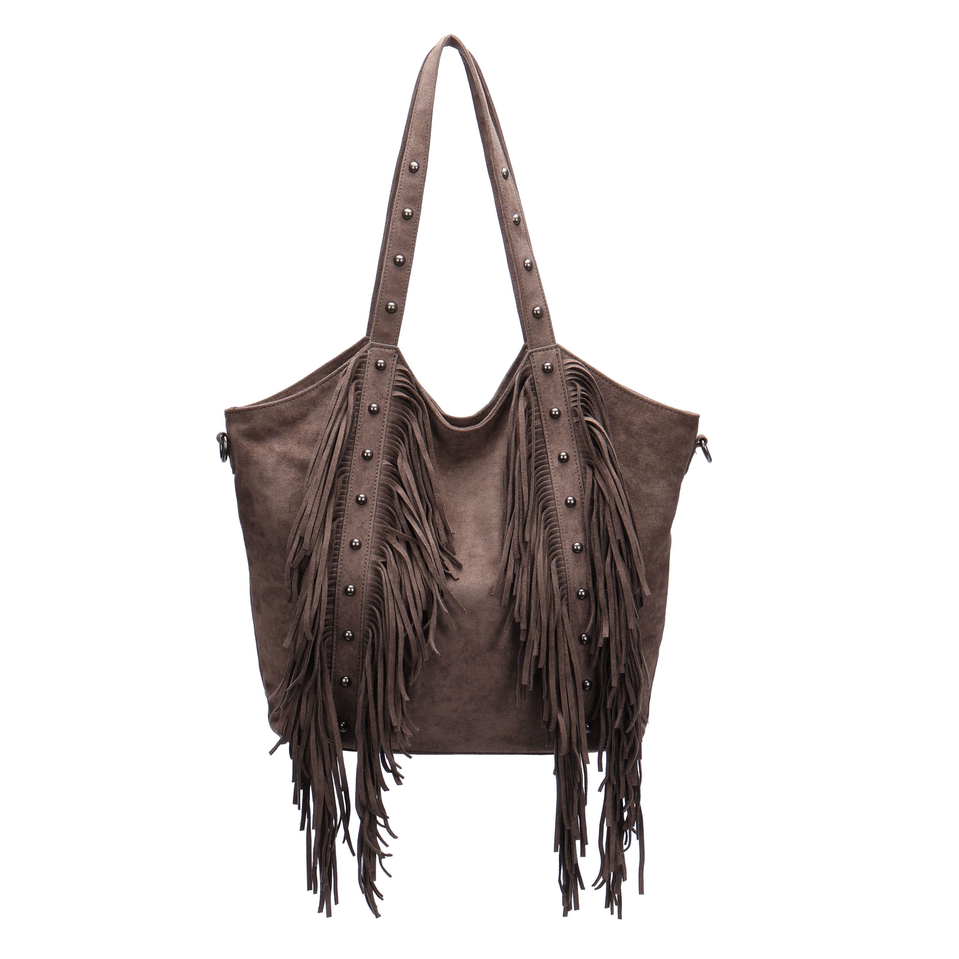 MIRROSI Shopper Damen Fransen Schultertasche Wildleder-Optik aus Polyester (Neue Kollektion Herbst/Winter 2026, ca. 45 x 9 x 36 cm), mit Fransen, Nieten & Umhängeriemen