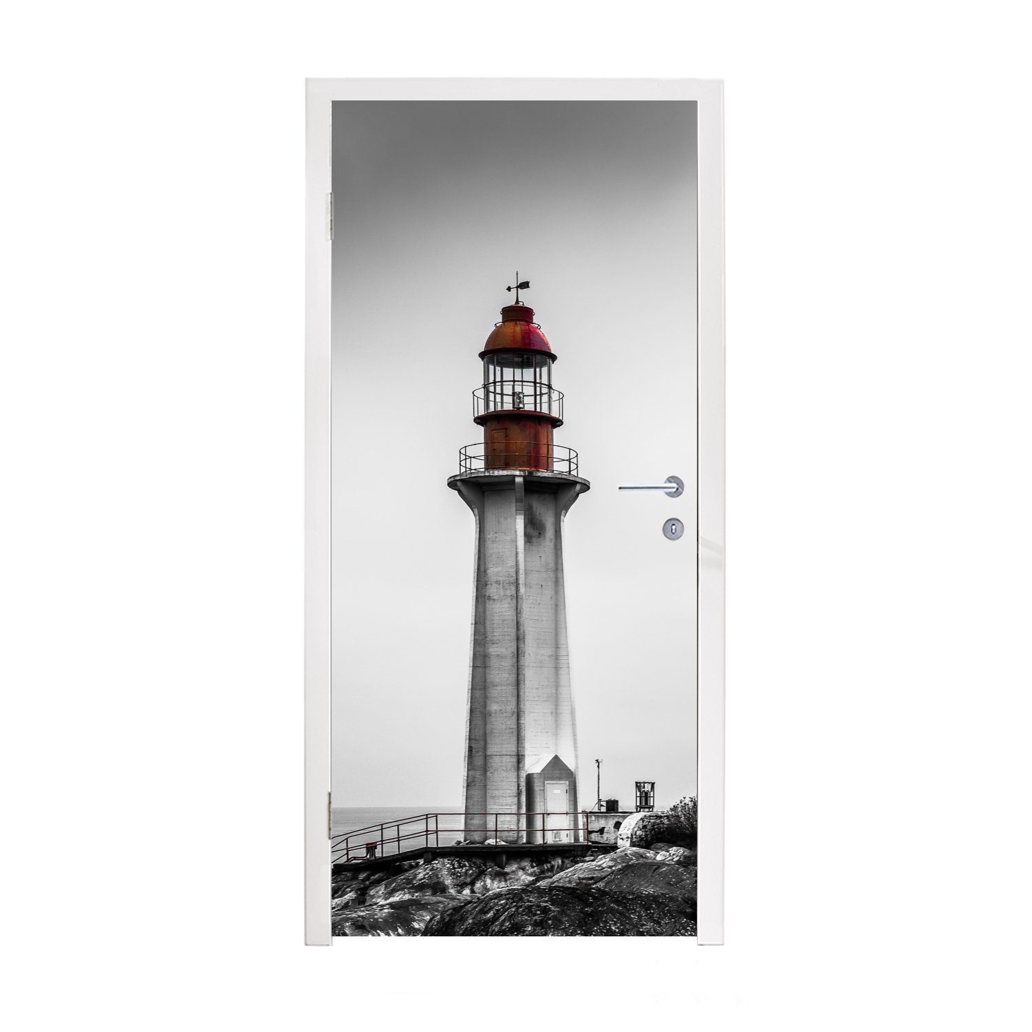 MuchoWow Türtapete Schwarz-Weiß-Foto eines Leuchtturms im Westen von Vancouver, Matt, bedruckt, (1 St), Fototapete für Tür, Türaufkleber, 75x205 cm