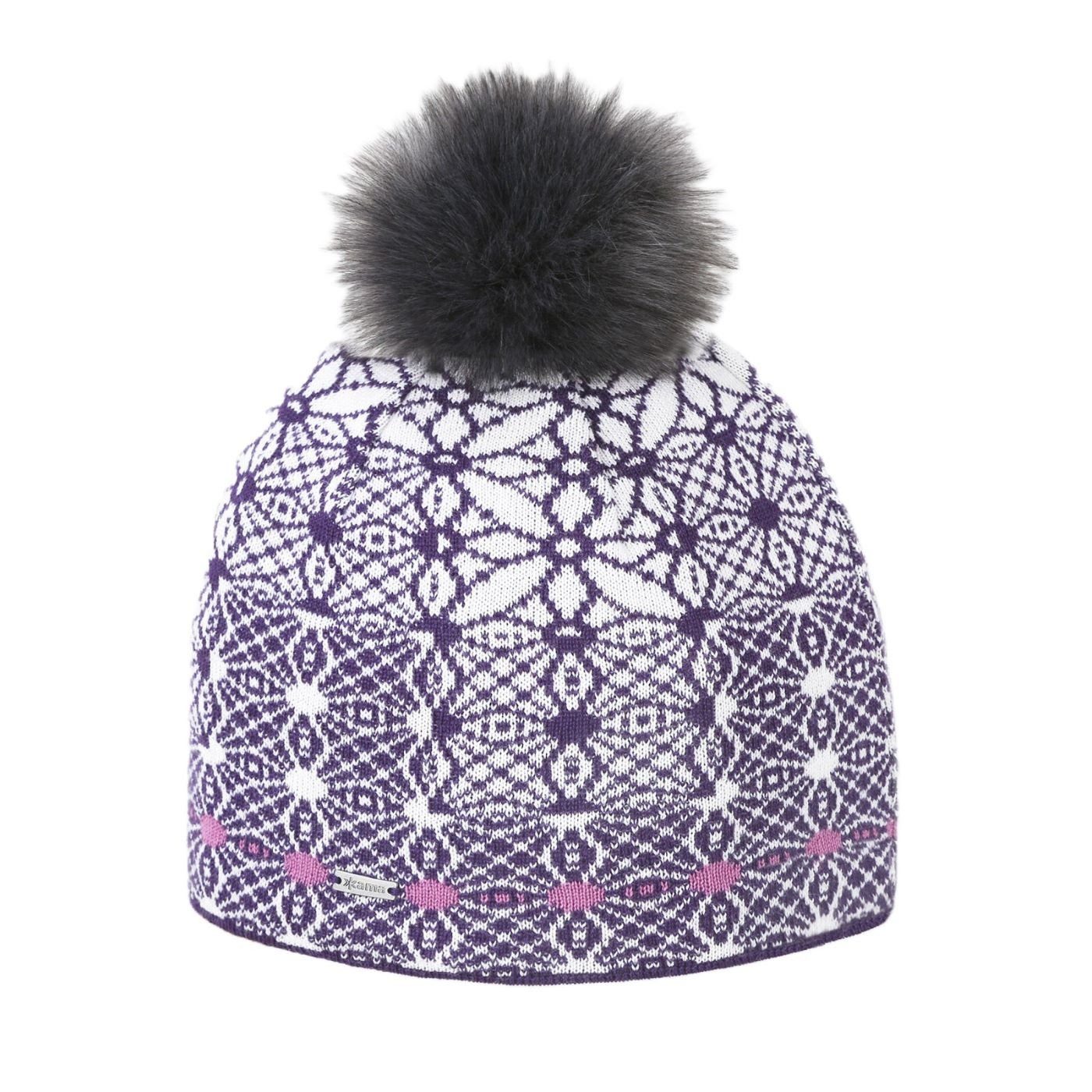 Strickmütze (Bommel) A183 Merino - Damen violett/weiss - 1 Stück