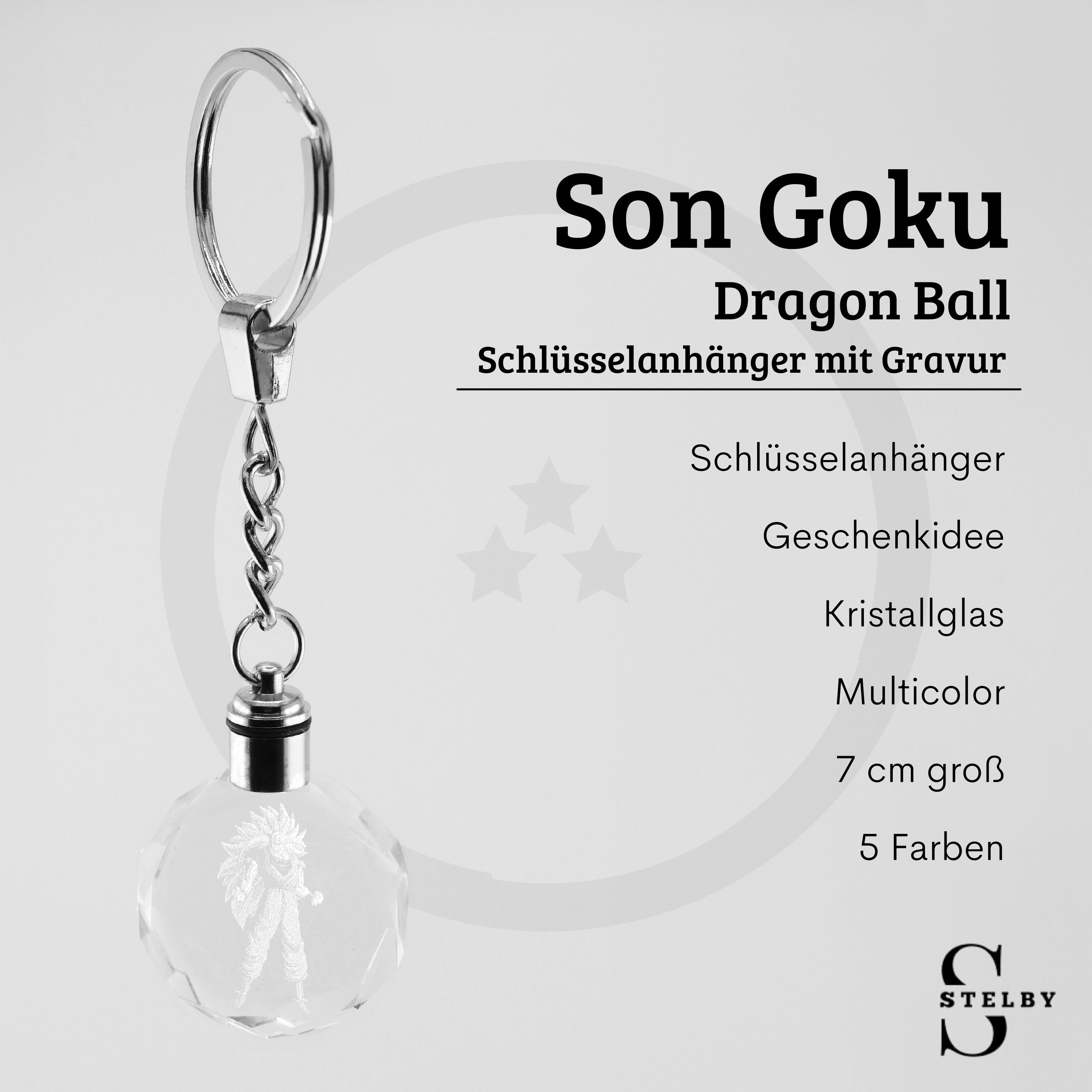 Stelby Schlüsselanhänger Dragonball Schlüsselanhänger Songoku Multicolor LED mit Geschenkbox (Perfekt für Geburtstage und Weihnachten, 1-tlg., Robustes Glasmaterial, leuchtet in 5 Farben), Farbwechsel, langlebig, modernes Design