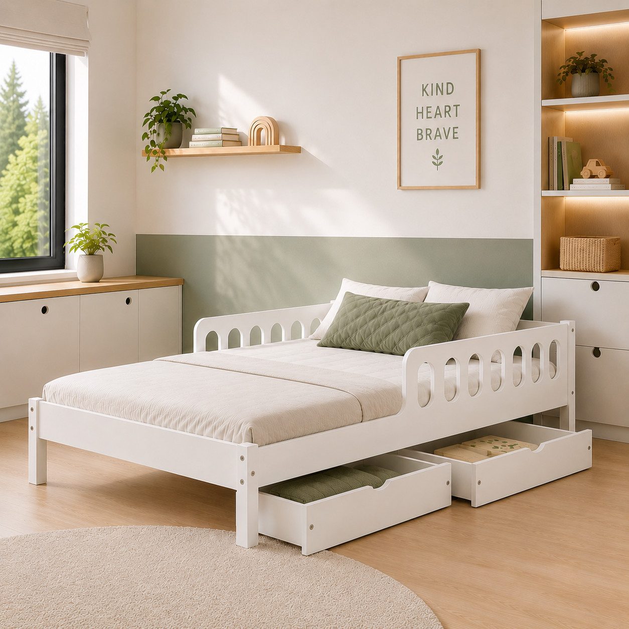 CADANI Kinderbett FINN mit Rausfallschutz, Roll-Lattenrost - bis 200 kg belastbar (120x200 cm Jugendbett, Weiß, mit Schubladen, inkl. Roll-Lattenrost), Stauraum, Rausfallschutz, bis 200 kg belastbar