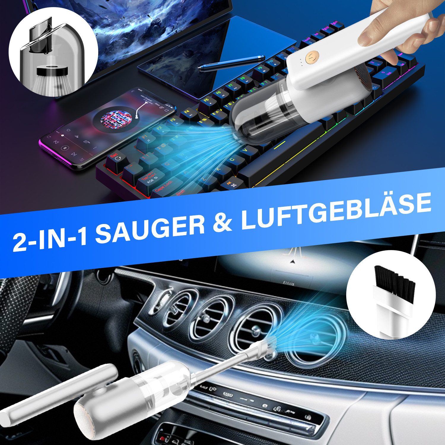 MOPUEA Akku-Handstaubsauger Handstaubsauger 3 in 1 Auto-Staubsauger,USB aufladbar Mini Staubsauger, 70 W, beutellos, enthält Saugdüsen, Staubbehälter, Reinigungsbürste usw.