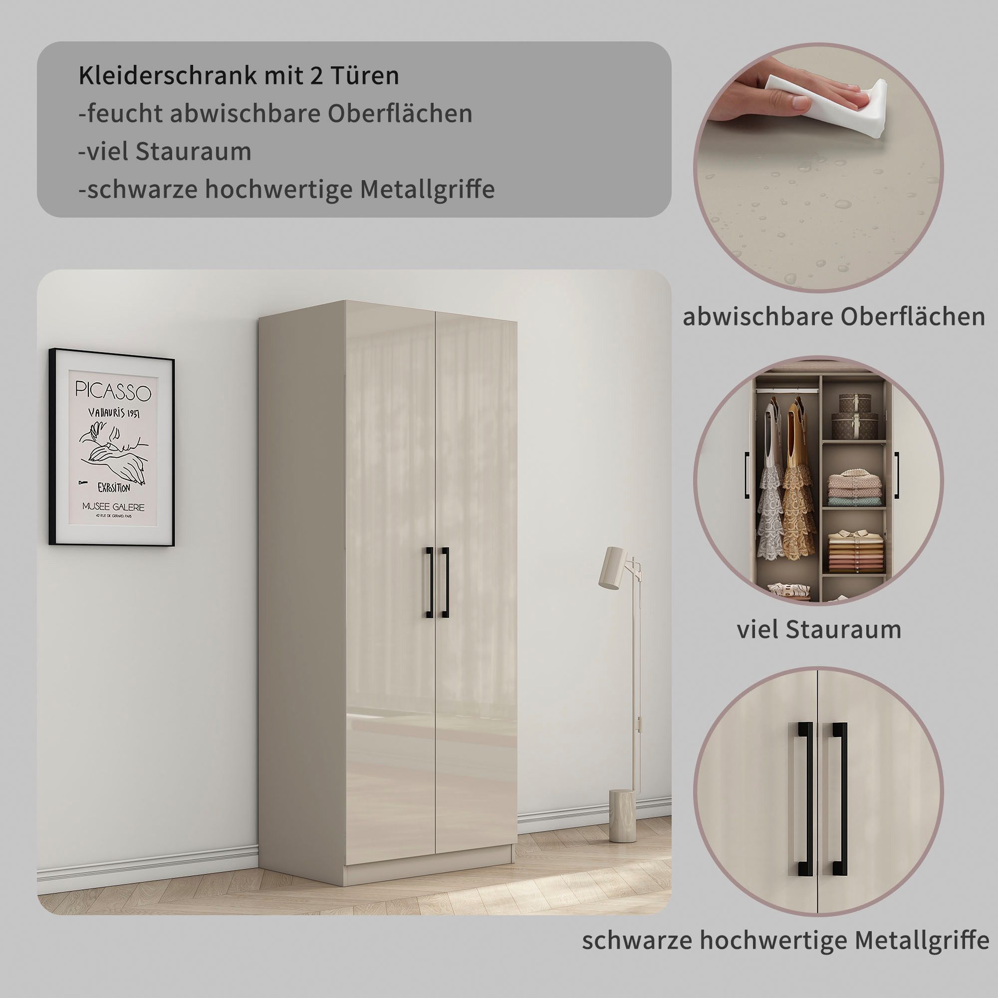 OTTO home Kleiderschrank Sylt Schlafzimmerschrank Garderobe Schrank hochglanz (hochwertige Metall Griffe in schwarz) Drehtürenschrank mit perfekter Innenausstattung, Breite 80cm