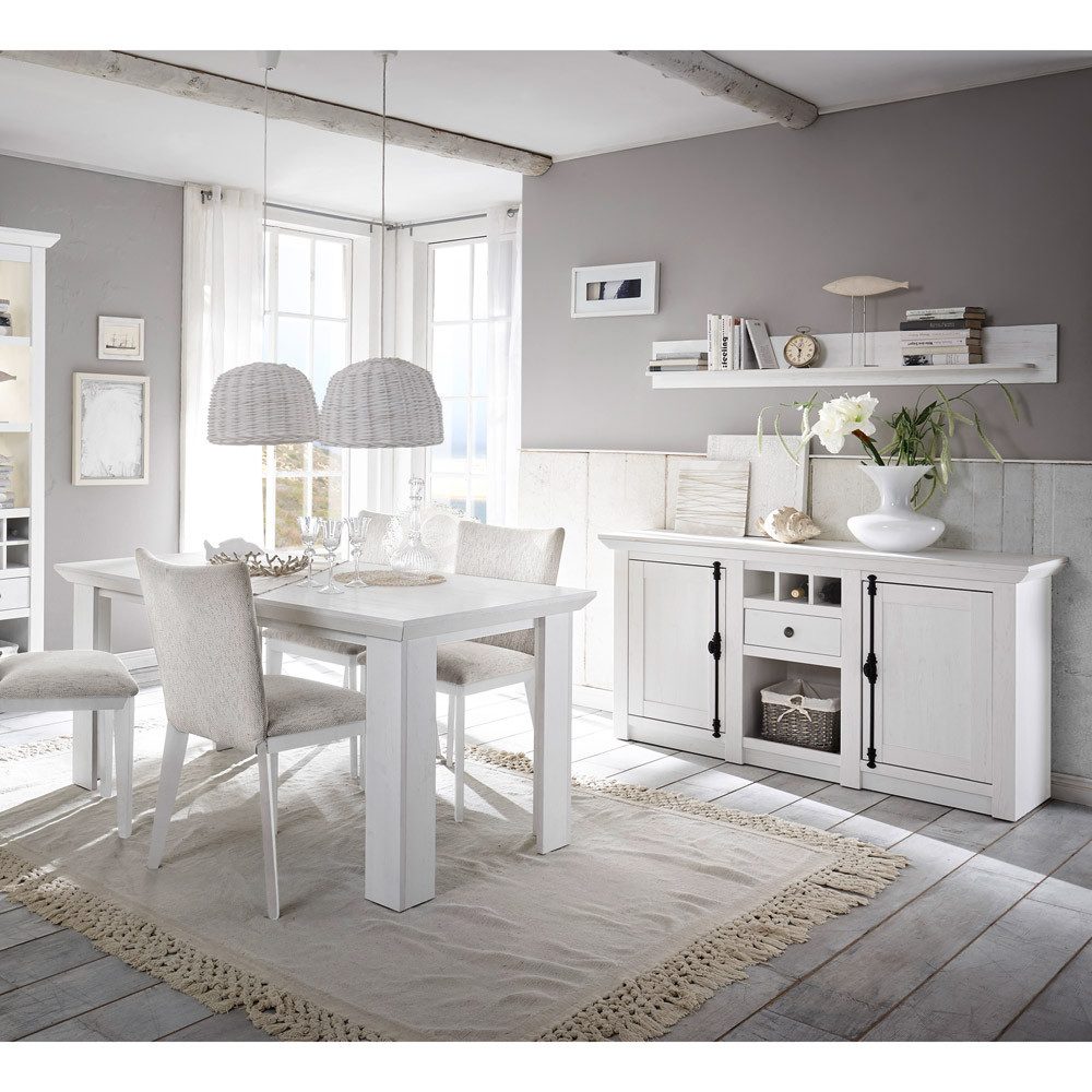 Lomadox Essgruppe WINGST-61, (Spar-Set, 4-tlg), Pinie weiß Nb. mit Sideboard (ohne Stühle) Stellmaß Sideboard 83 cm