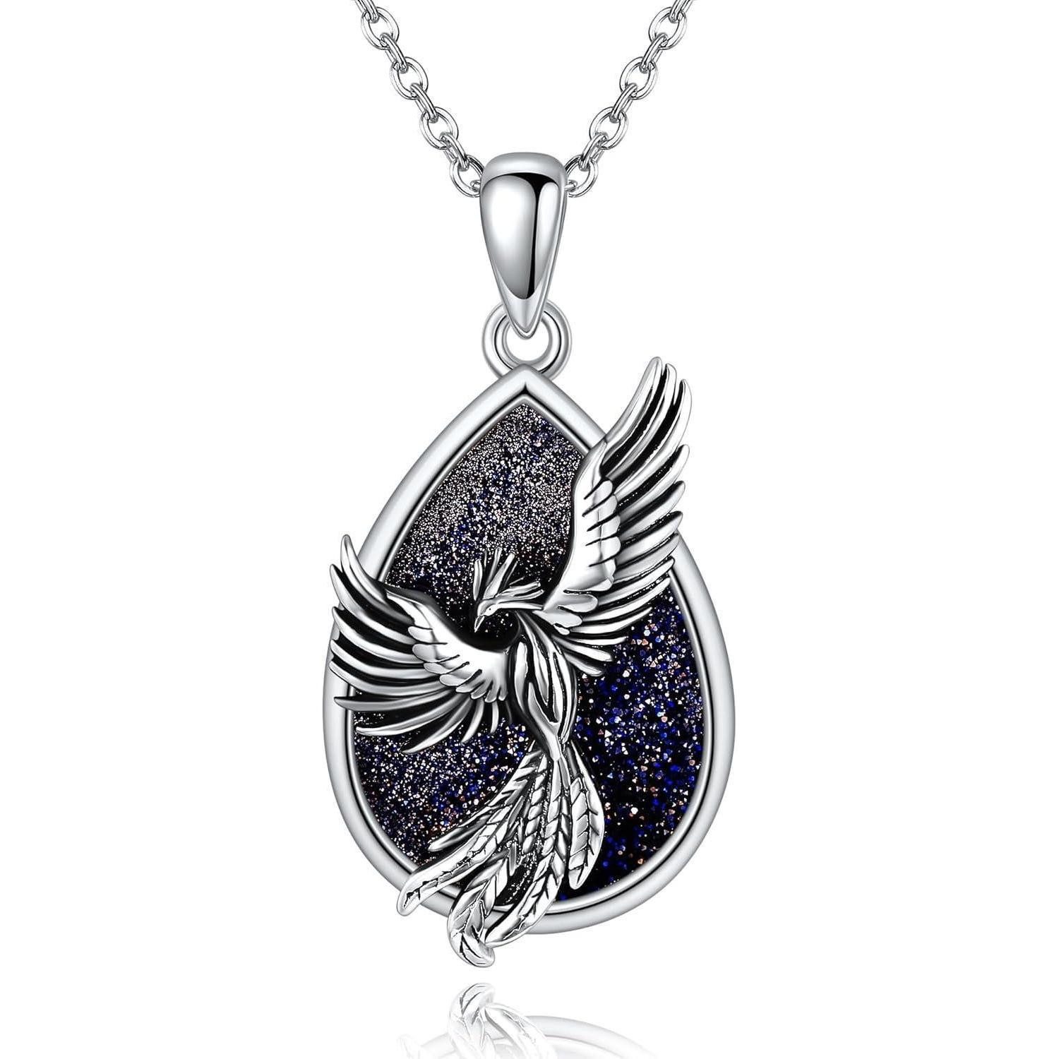 LuxusKollektion Kette und Anhänger Set Phönix Halskette Sterlingsilber blauer Sandstein Anhänger Frauen
